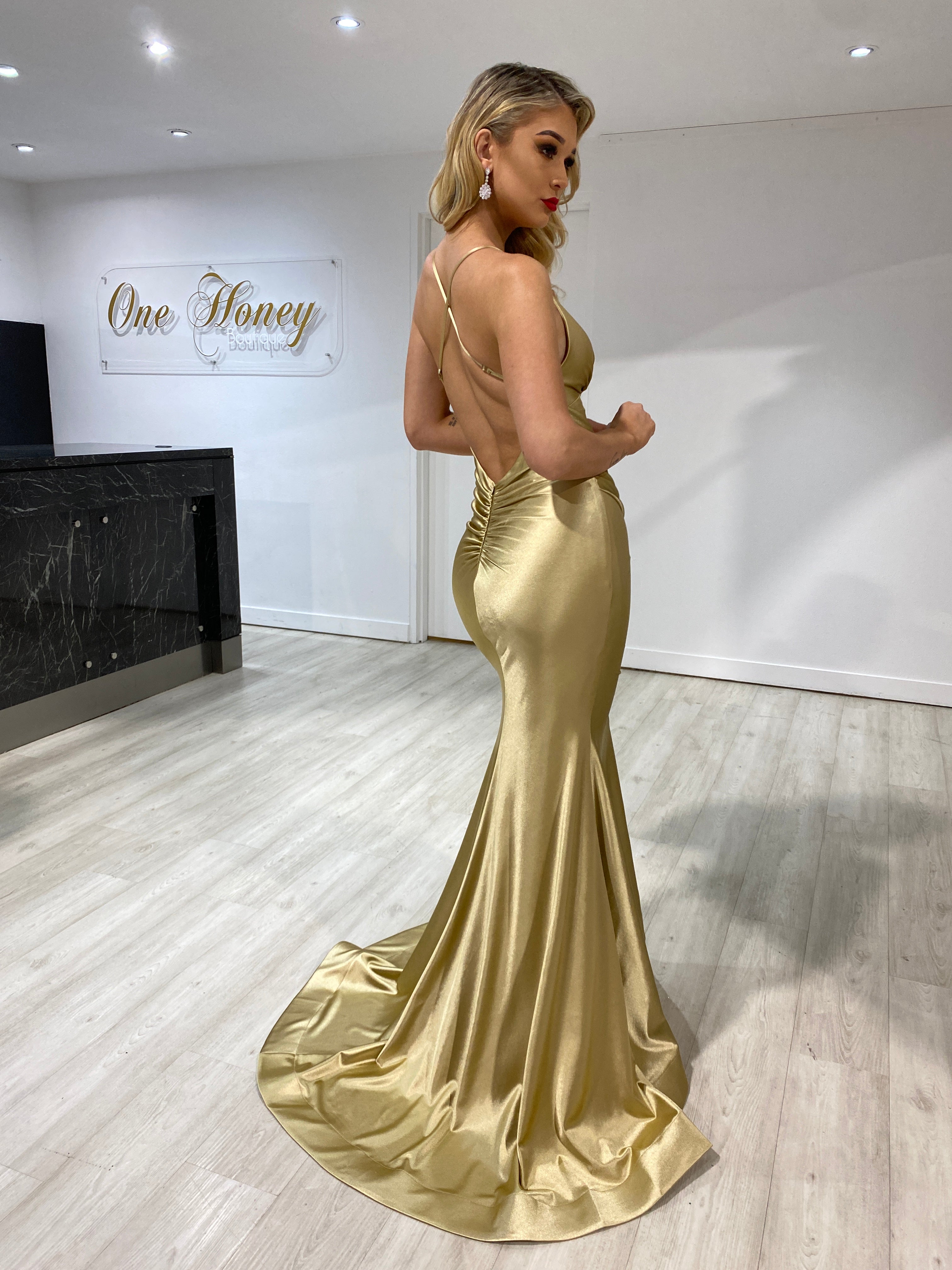 COCO Sash Front low back mermaid gown with bum scrunch detail, evening dress for formal events, Brisbane to Gold Coast.