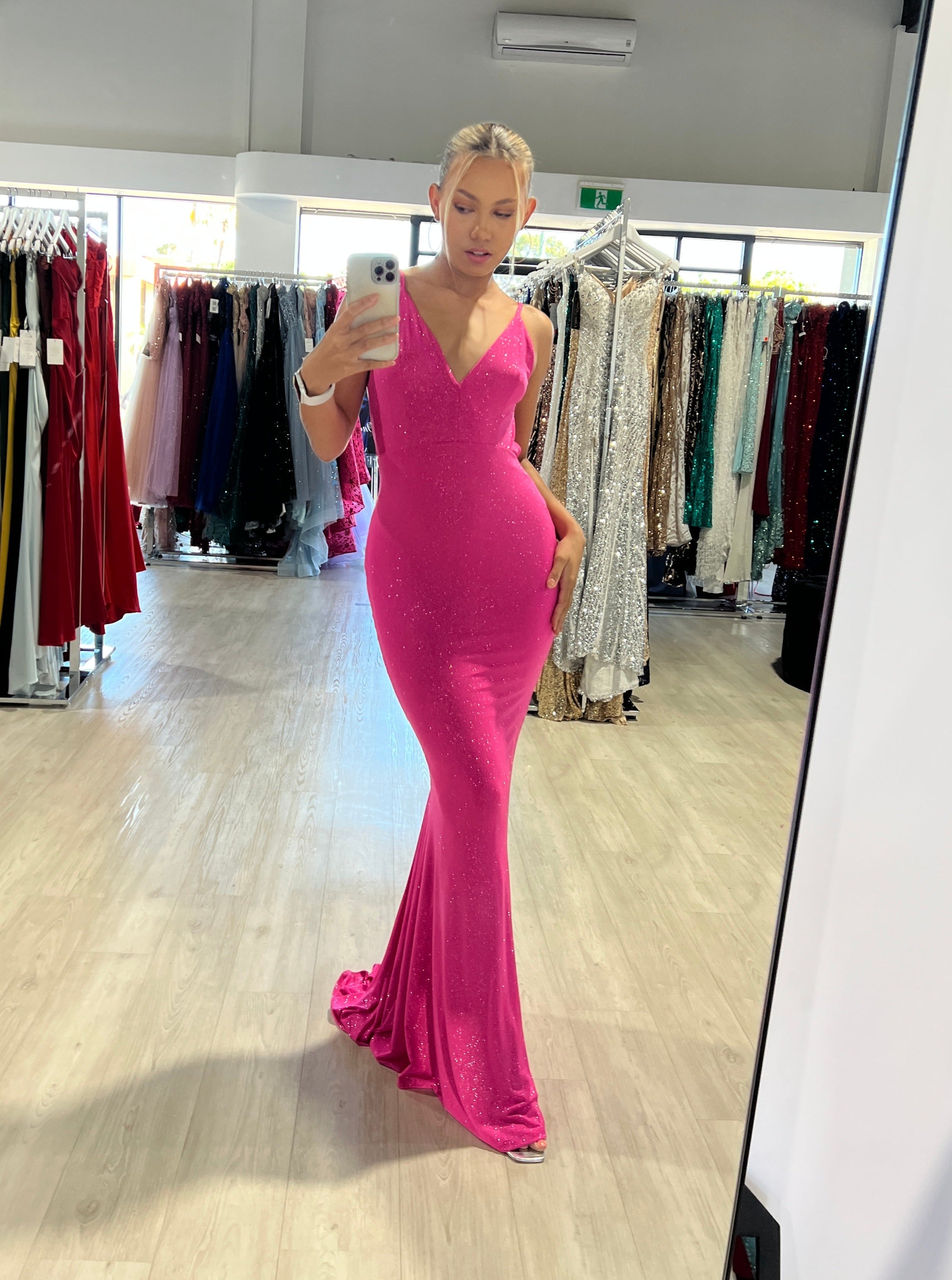 SKY Glitter Bum Scrunch dress with low back and v-neckline, mermaid formal gown, Brisbane to Gold Coast, Australia