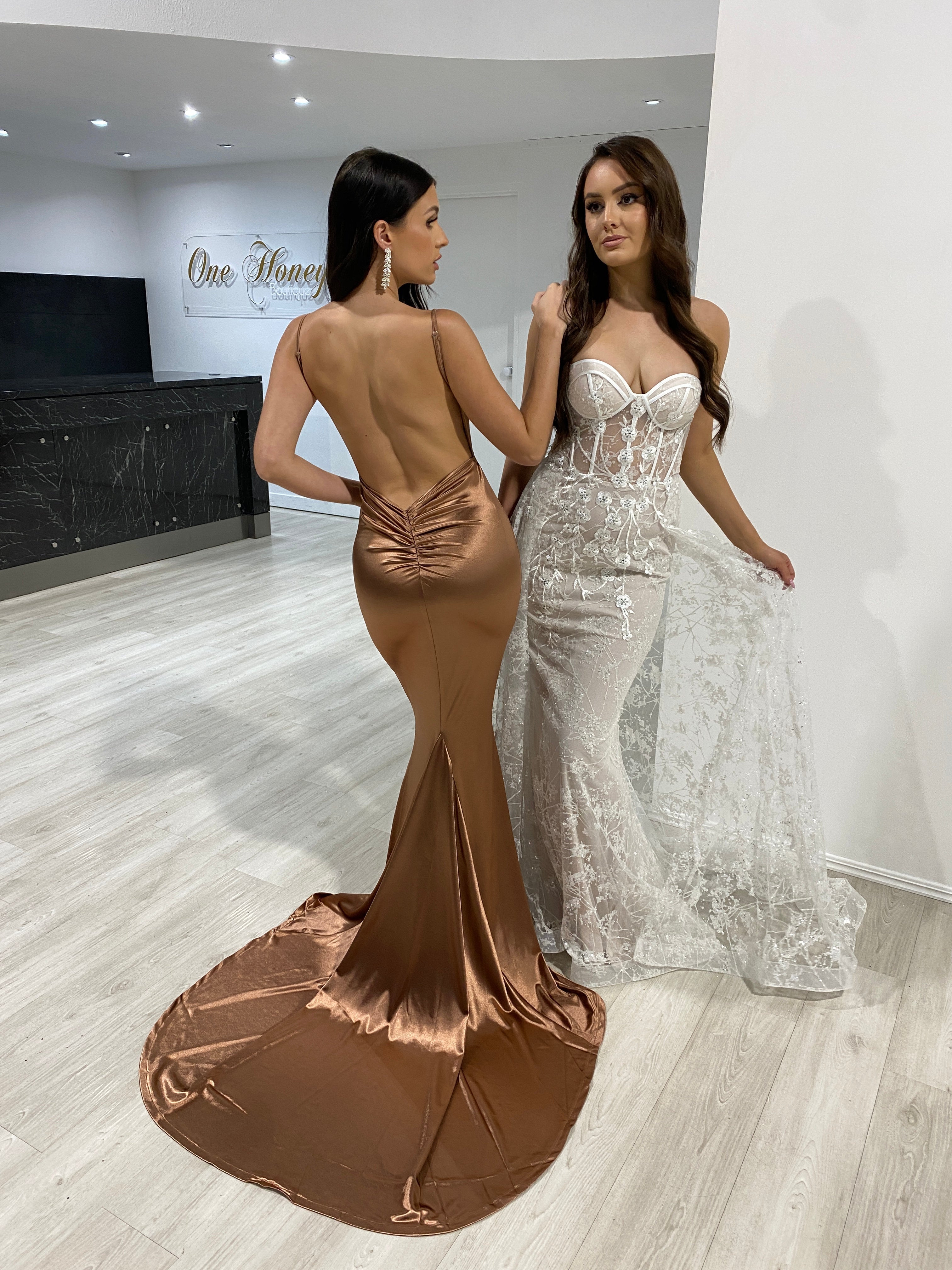 Elegant Honey Couture MILEE low back mermaid evening gown, Australian designer prom dress, in silky stretch fabric, shown in store.
