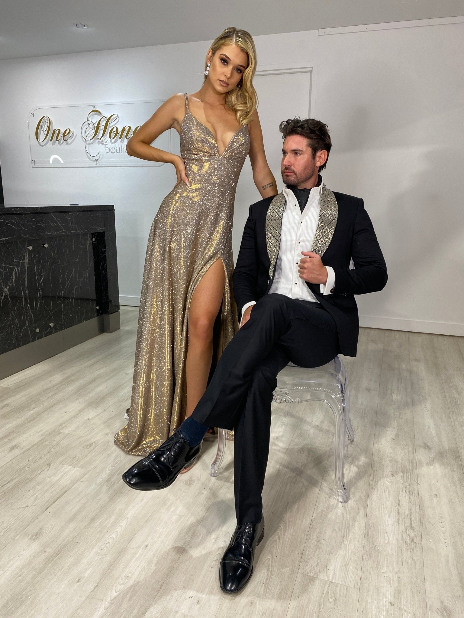 HOLLIE A Line Glitter Effect Formal Dress in Australia | One Honey Boutique