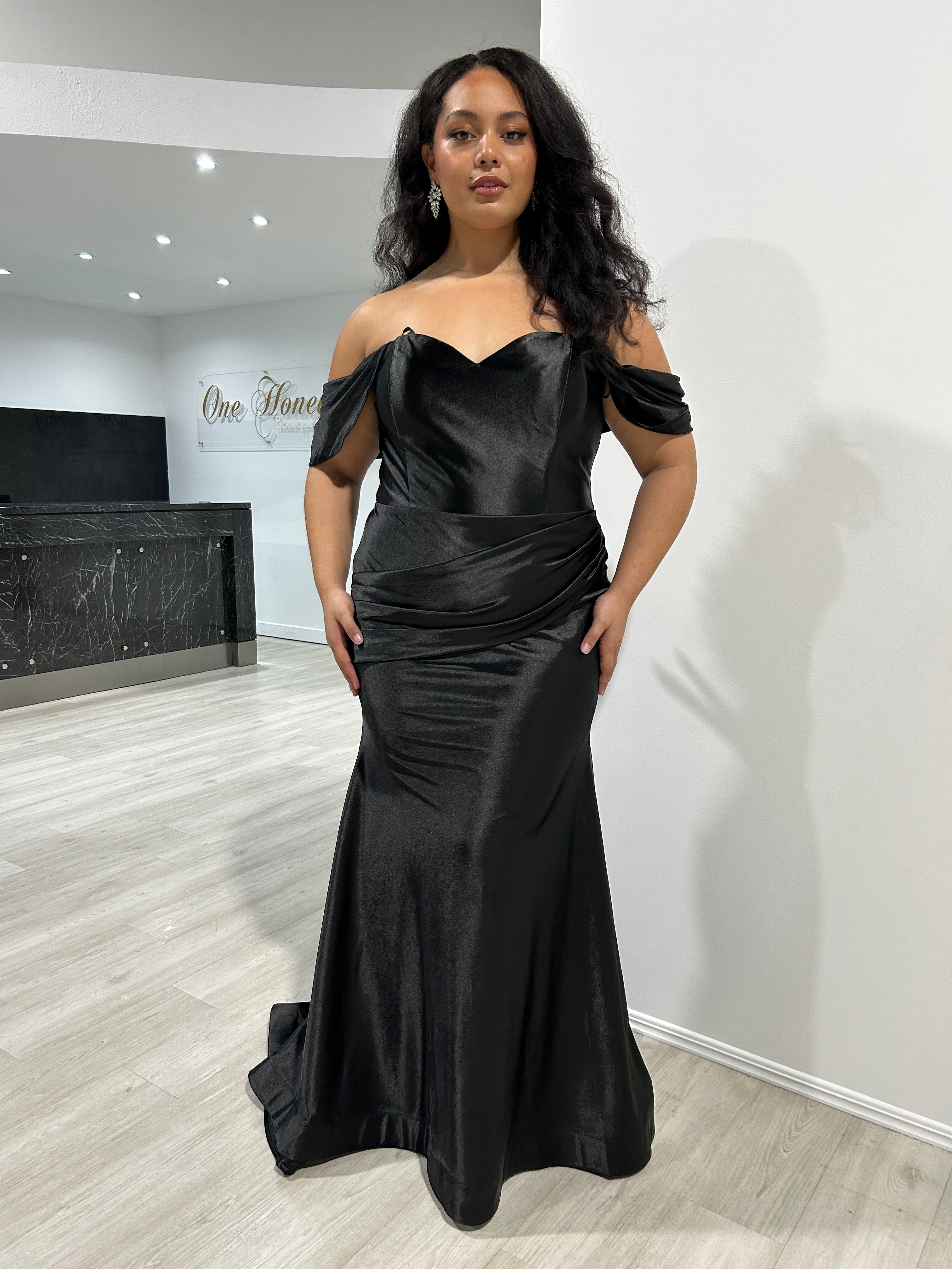 Honey Couture ROCO Black Silky Off The Shoulder Mermaid Formal Dress