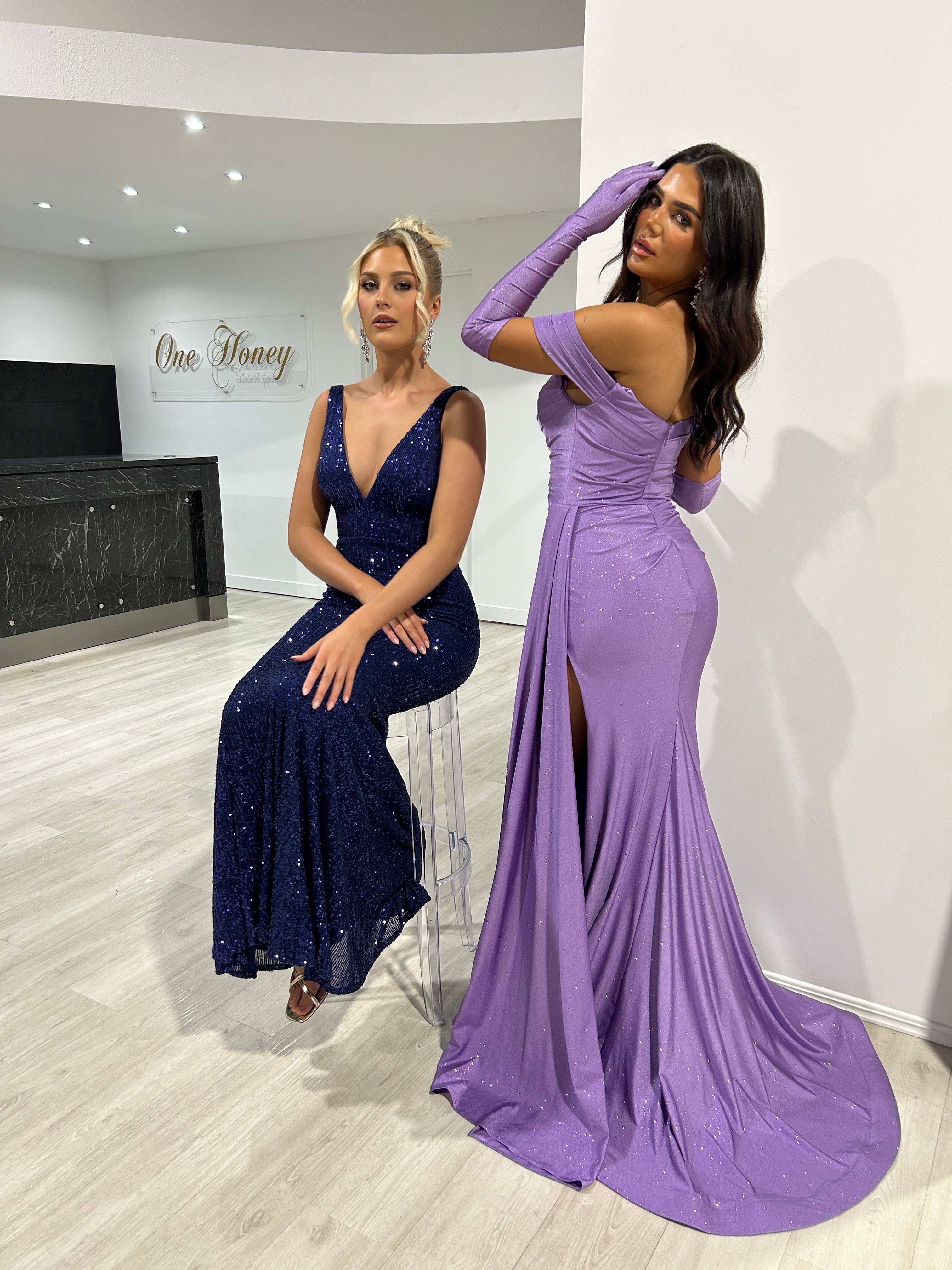 CHRISTINA Off Shoulder Glitter Shimmer Formal Dress with gathering, satin slit, and gloves. Evening gown, Brisbane to Gold Coast.