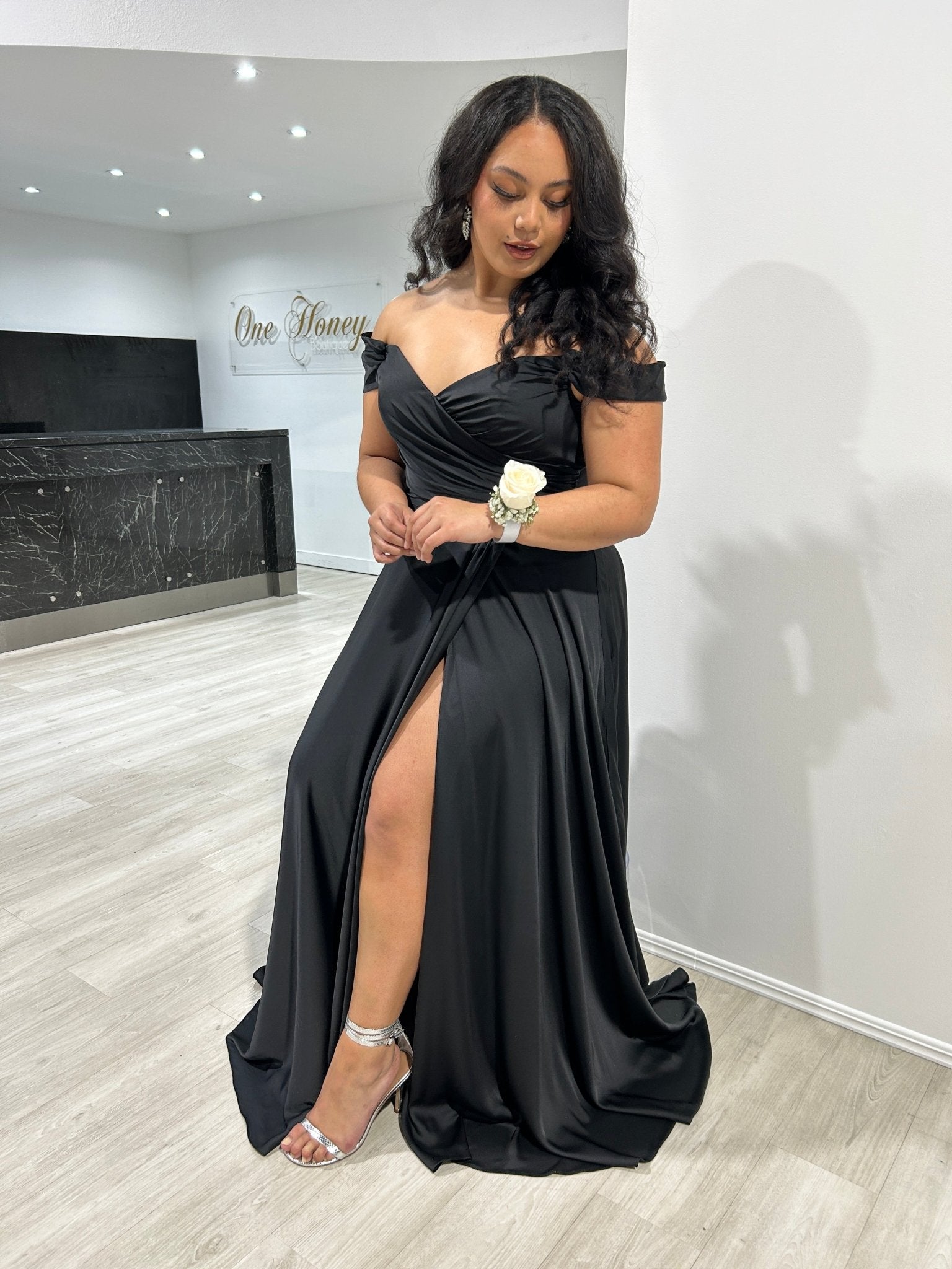 AURA Off the Shoulder Silky A Line Bridesmaid Formal Dress in Australia | One Honey Boutique