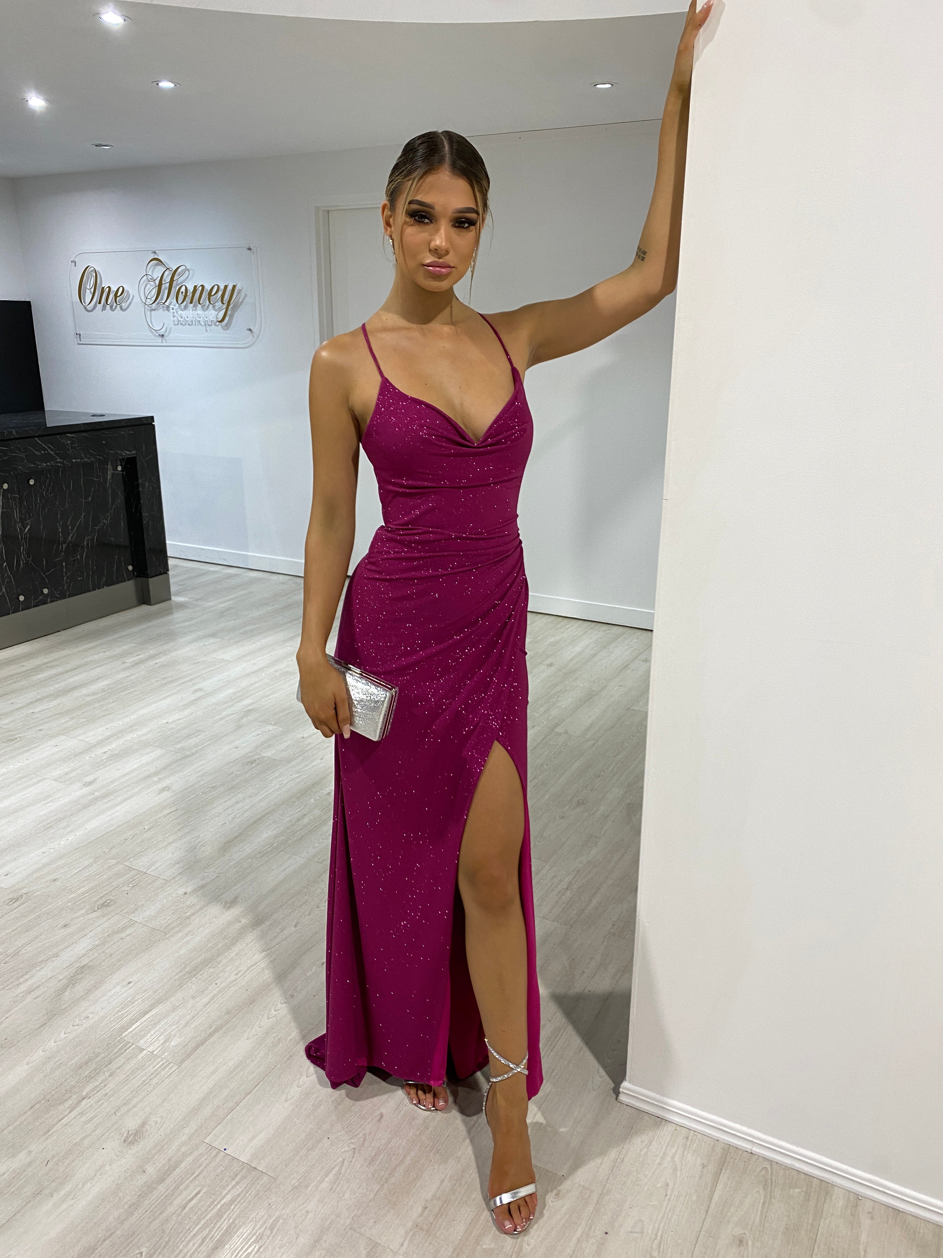 CRISTELLA Glitter Corset Mermaid Gown with Leg Slit, perfect for formals. Brisbane to Gold Coast, Australia