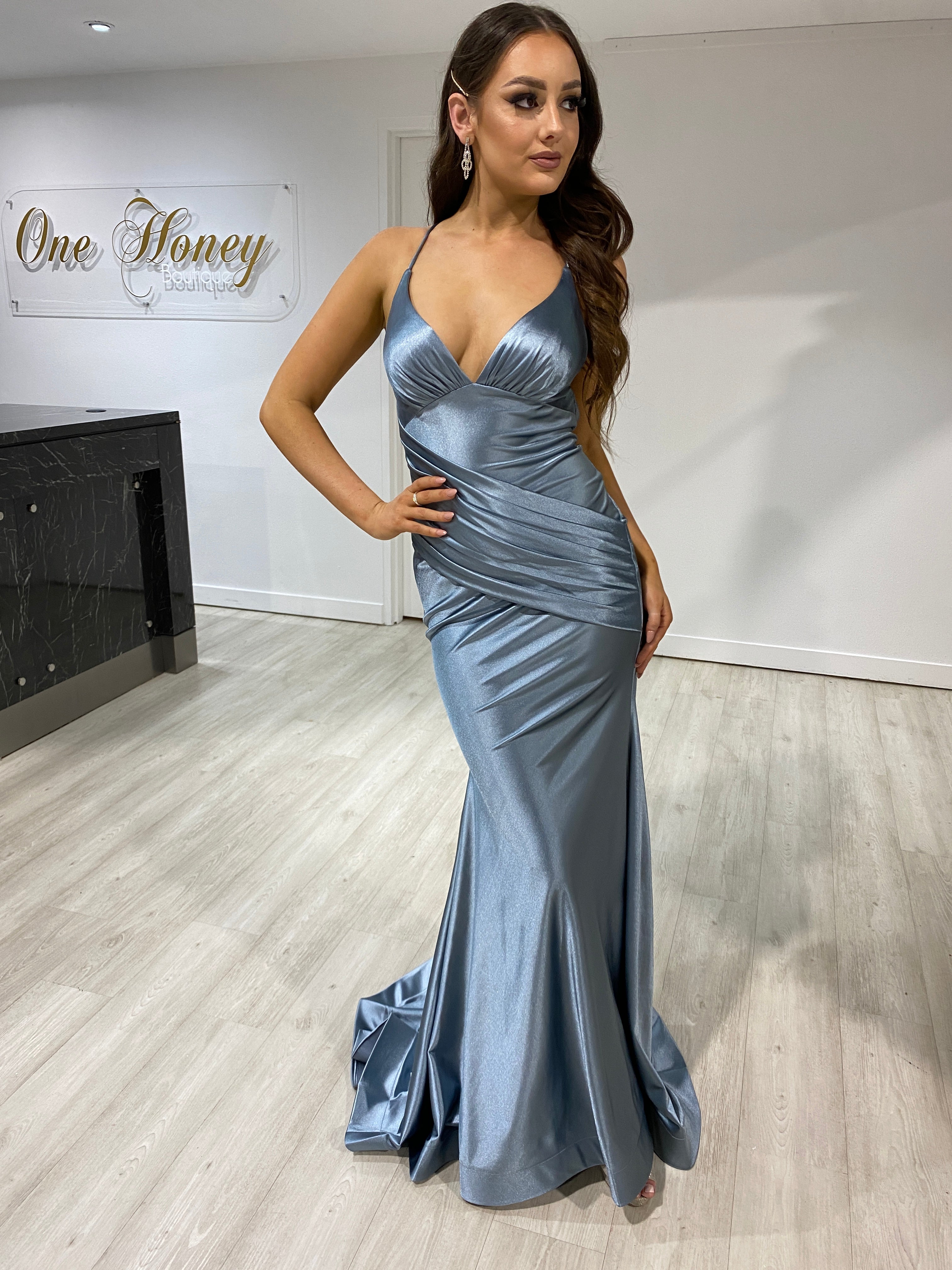 COCO Sash Low Back Mermaid Formal Gown in blue satin with ruched sweetheart neckline. Evening dress for elegant events, Brisbane to Gold Coast.