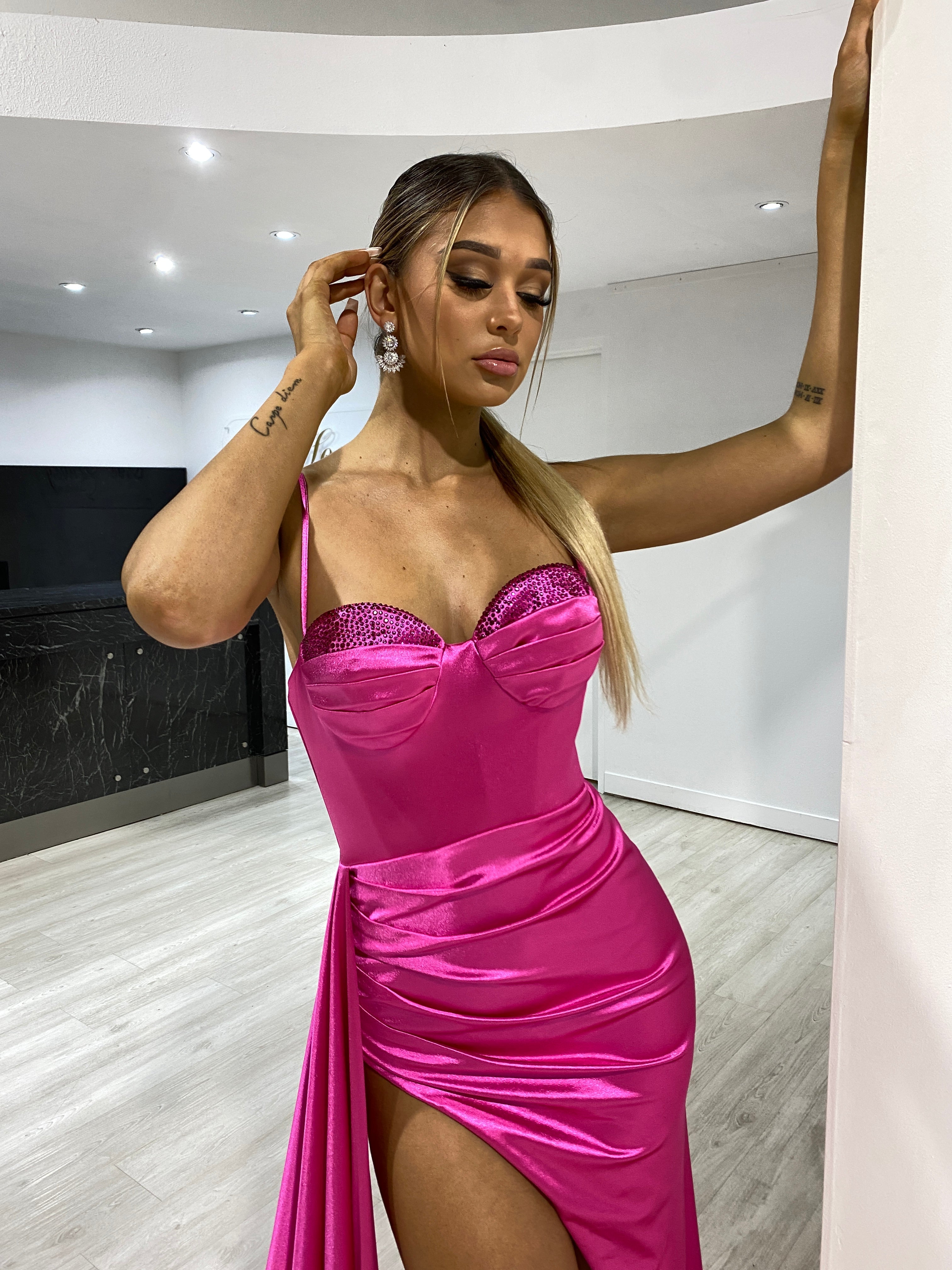 CECILA Silky Diamante Bustier Pink Prom Dress with Side Sash and Leg Split, perfect for formal events from Brisbane to Gold Coast, Australia.