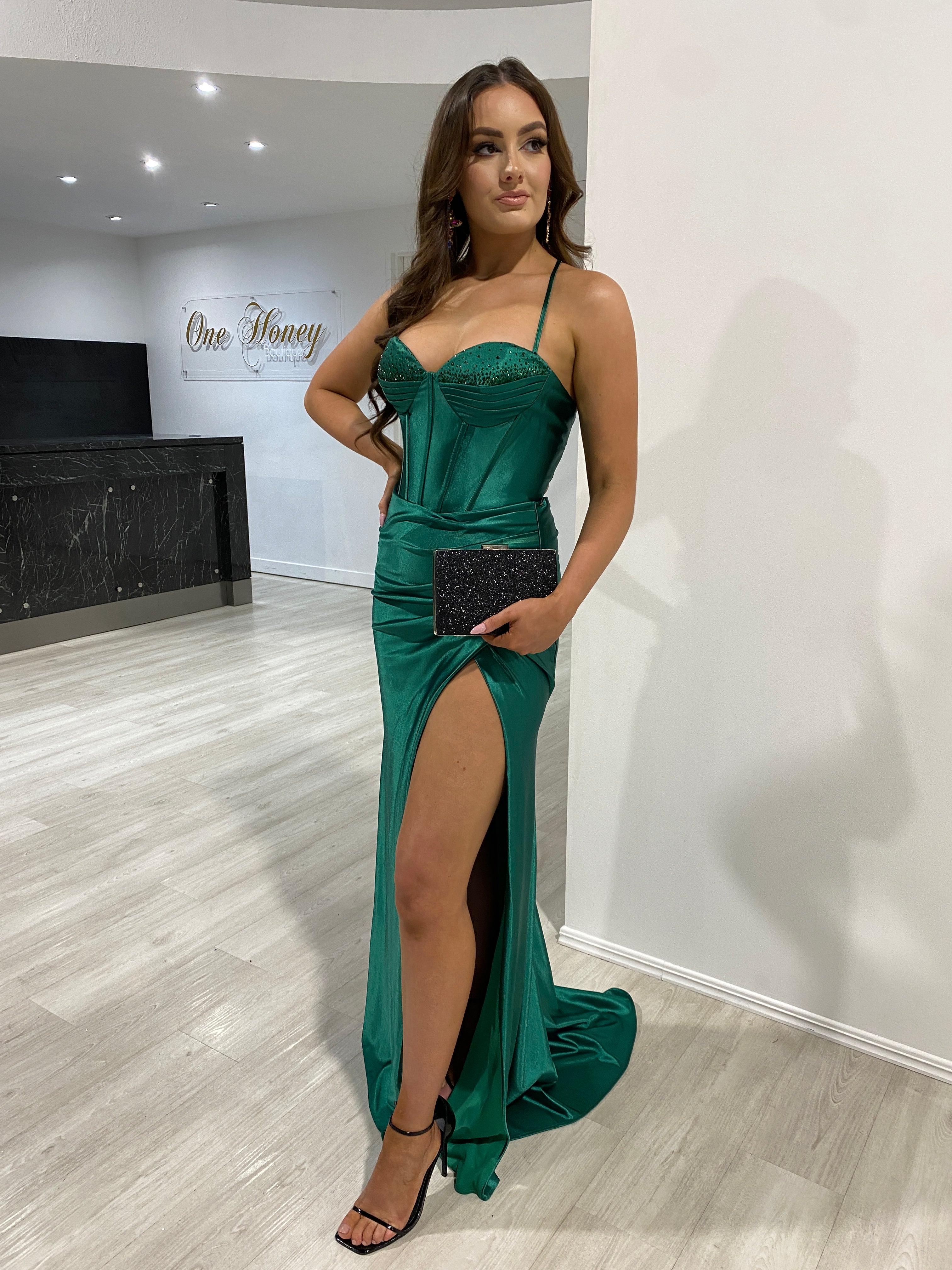 RAFAELLA Crystal Diamante bustier corset green satin formal dress with sweetheart neckline and side slit. Brisbane to Gold Coast.