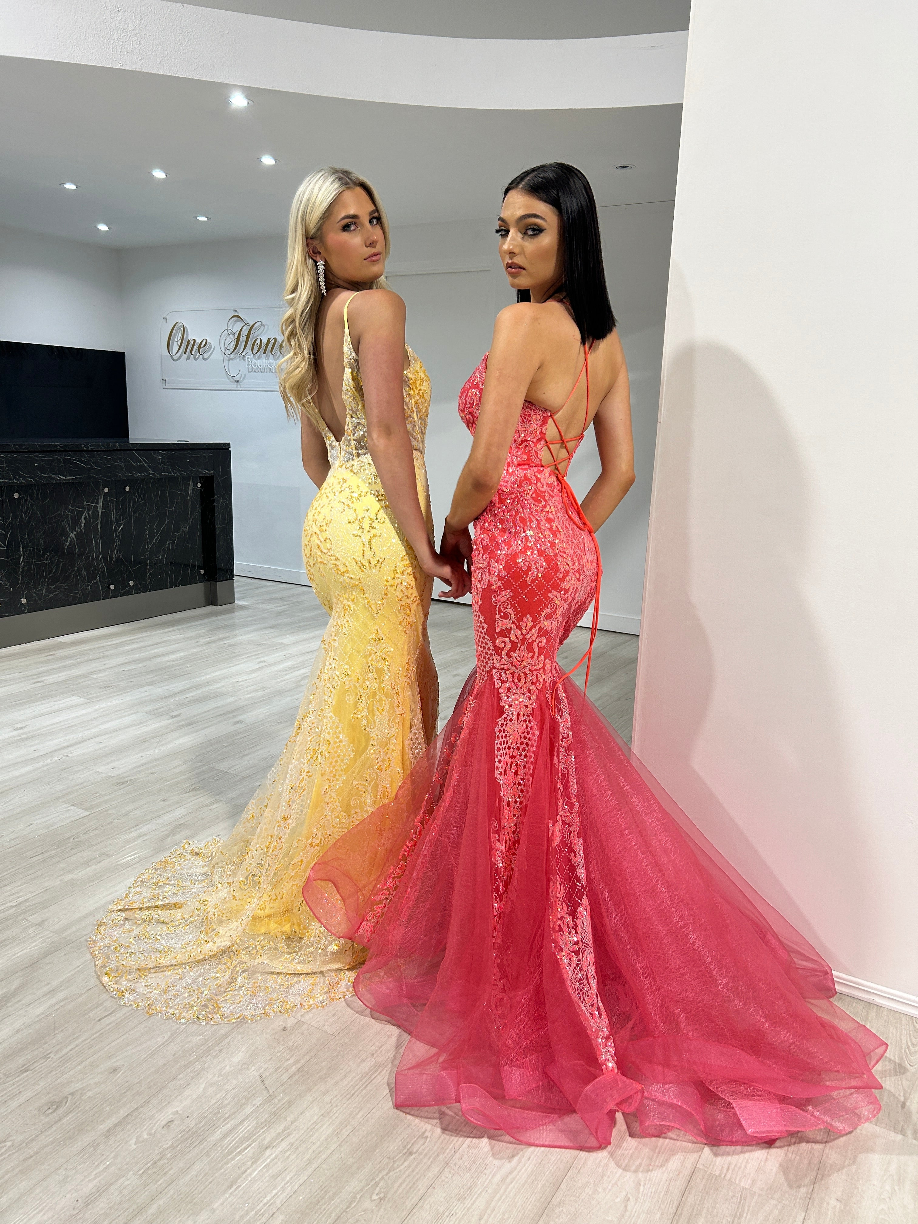 SHAYLA sequin mermaid gown with glitter pattern, layered tulle tail, lace-up back in bold neon colors. Formal dress, Brisbane to Gold Coast.