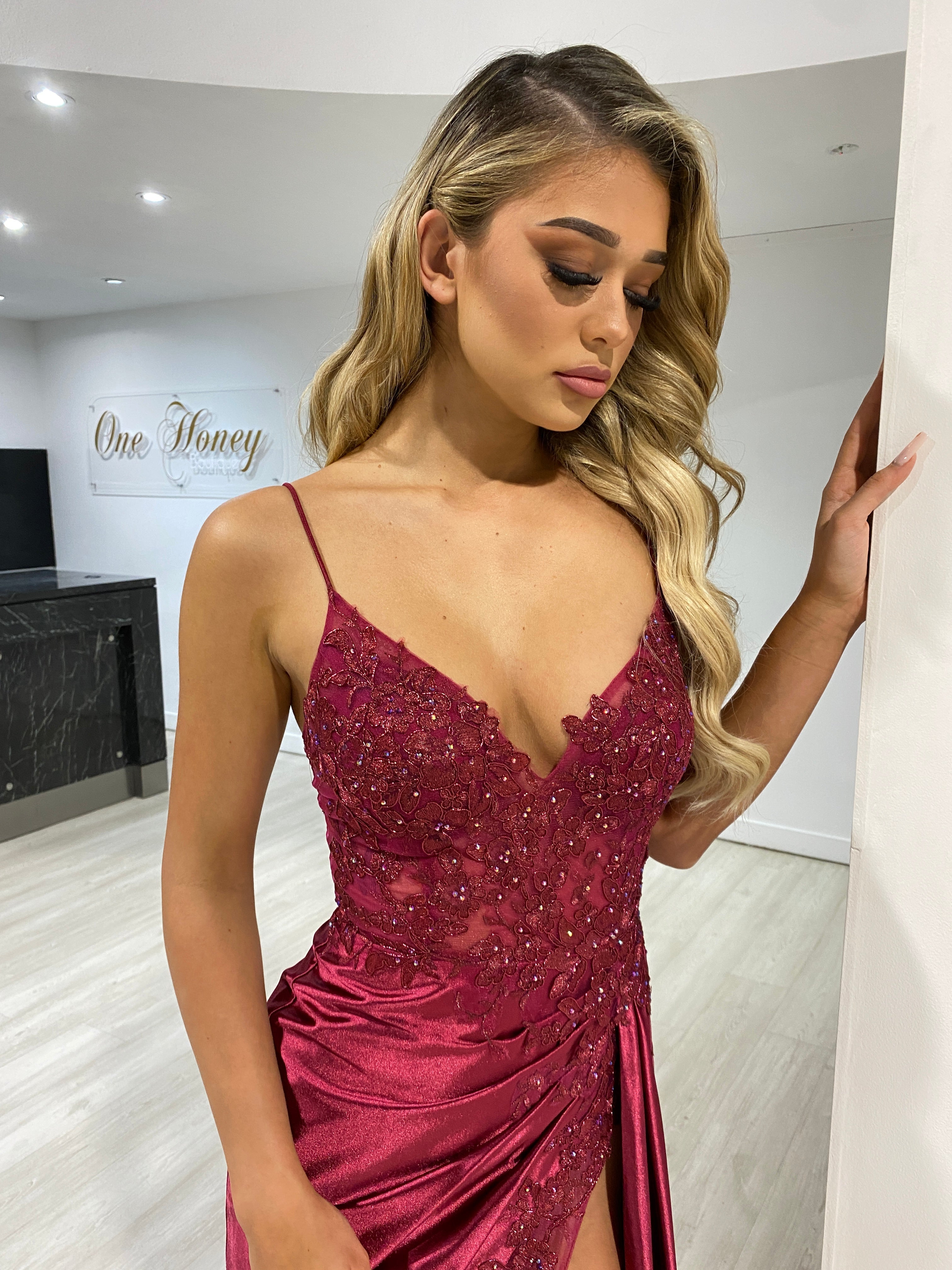 ALVA Silky Lace Trim Corset Back Formal Dress with beaded bodice and satin drape. Evening gown ideal from Brisbane to Gold Coast.