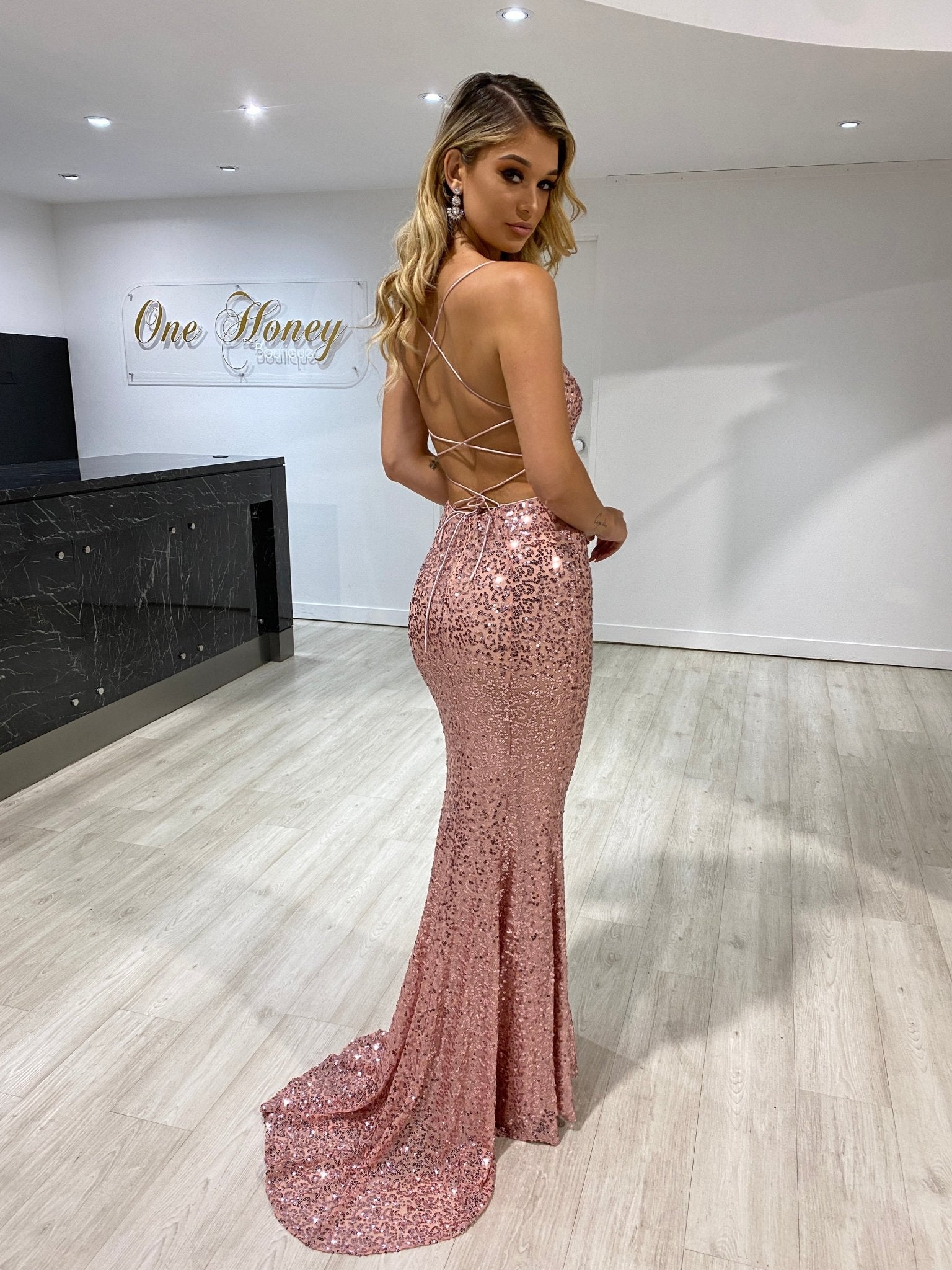 The NIKEETA Sequin Corset Back Mermaid Formal Gown in Australia | One Honey Boutique