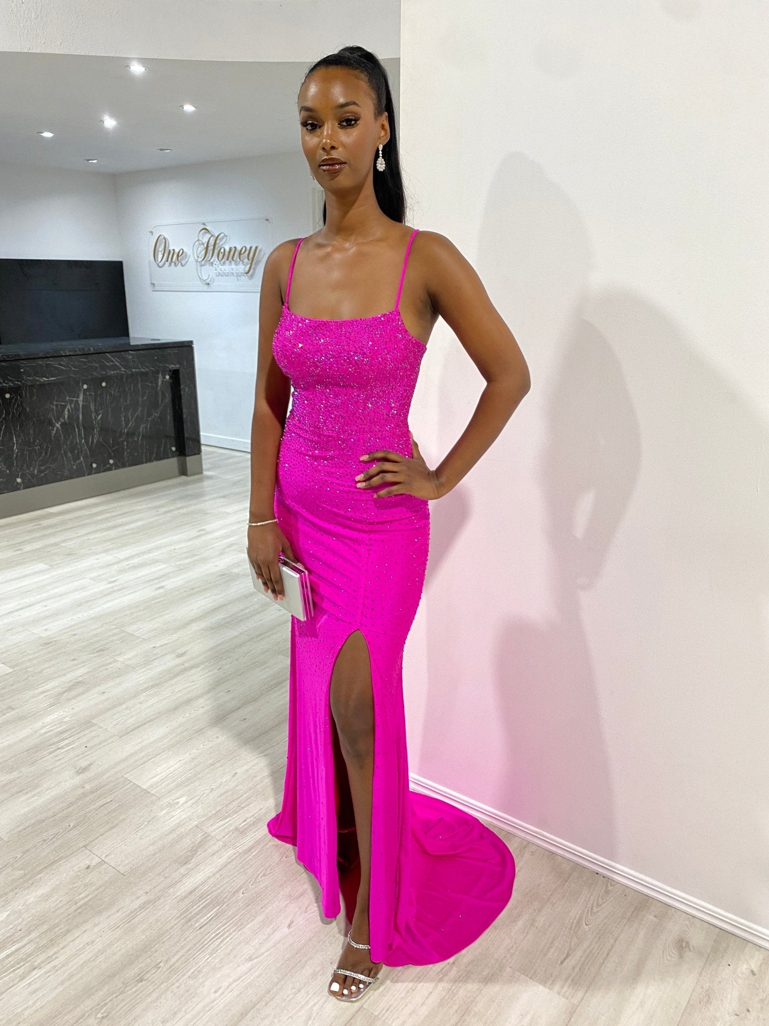 Honey Couture LEONIE Diamante Leg Split Mermaid Formal Dress in Australia | One Honey Boutique