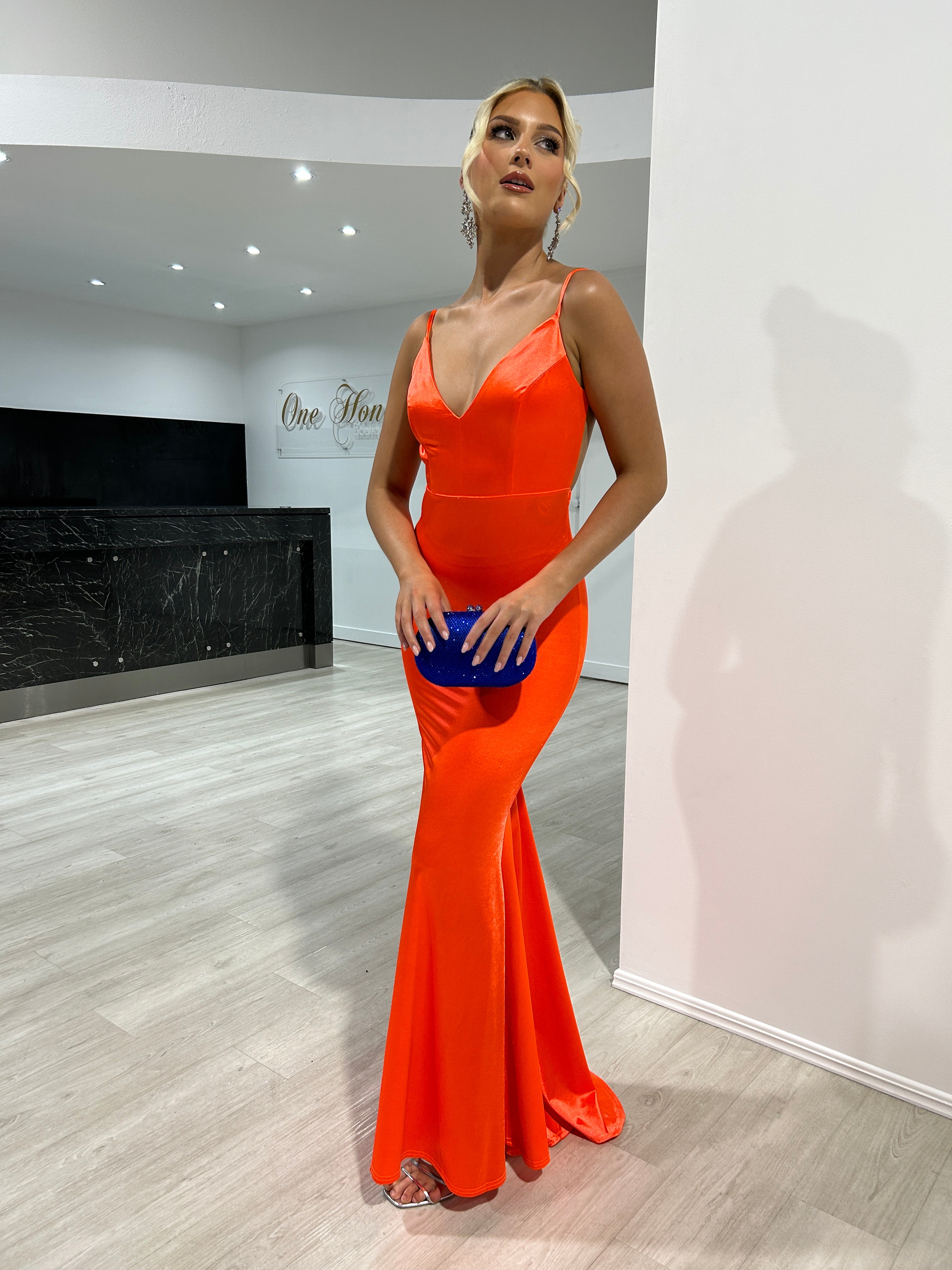 Honey Couture CYRUS Neon Orange Bum Scrunch Low Back Mermaid Formal Dress