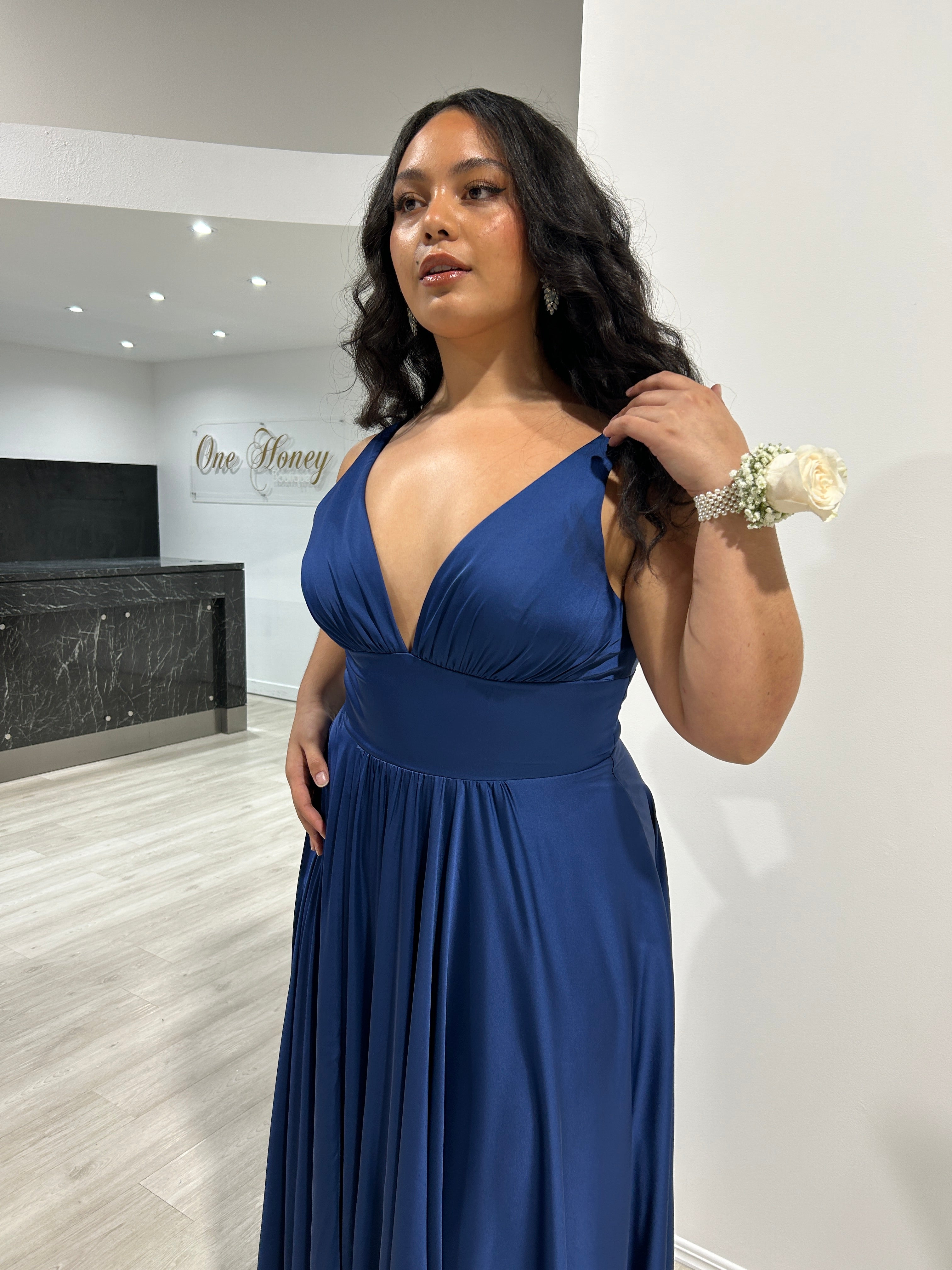 NELLIE deep V-neck silky A-line formal dress with a blue satin finish, perfect for bridesmaids from Brisbane to Gold Coast, Australia.