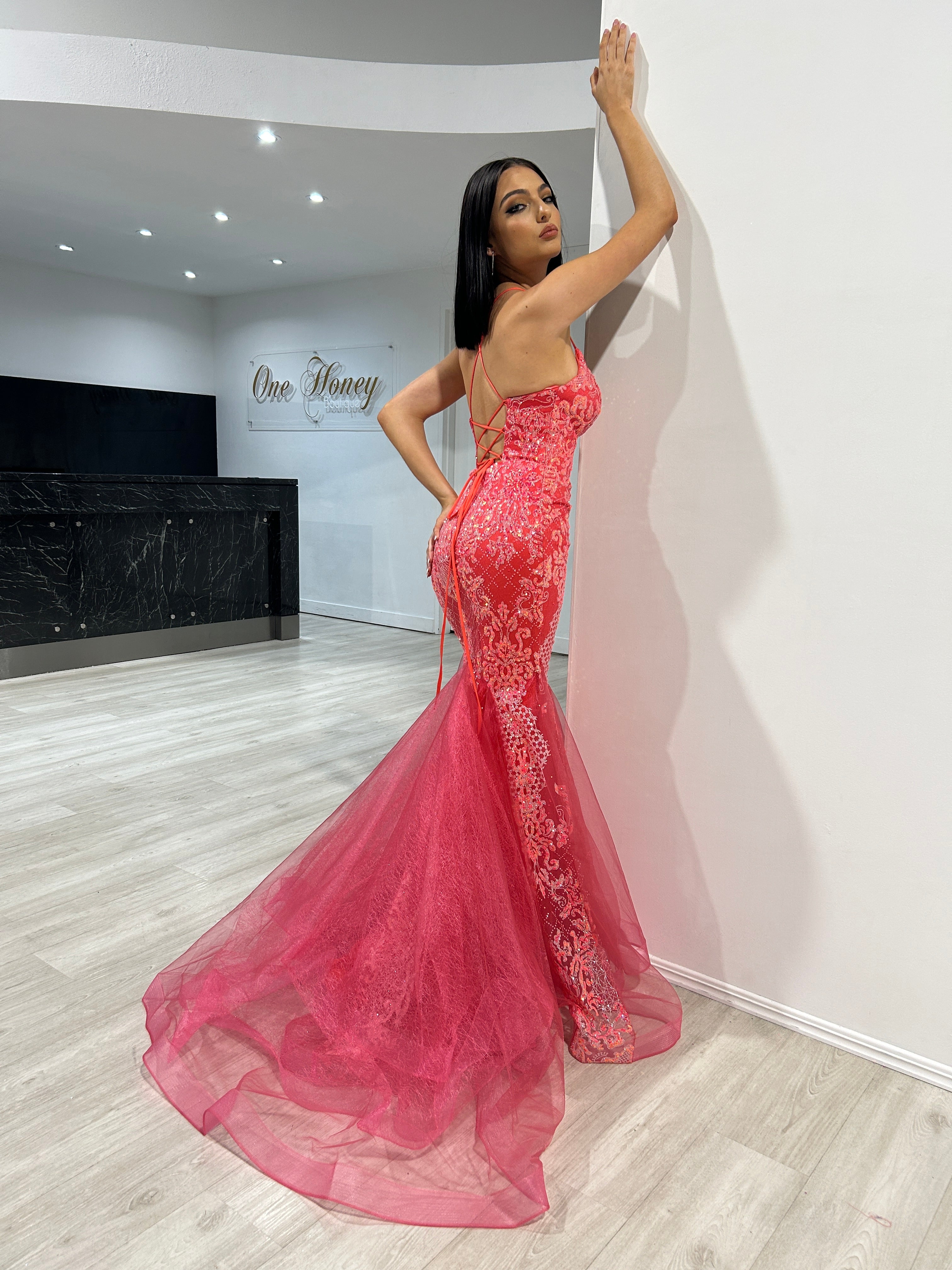 SHAYLA sequin glitter mermaid evening gown with lace-up back and tulle tail. Perfect for special occasions Brisbane to Gold Coast.