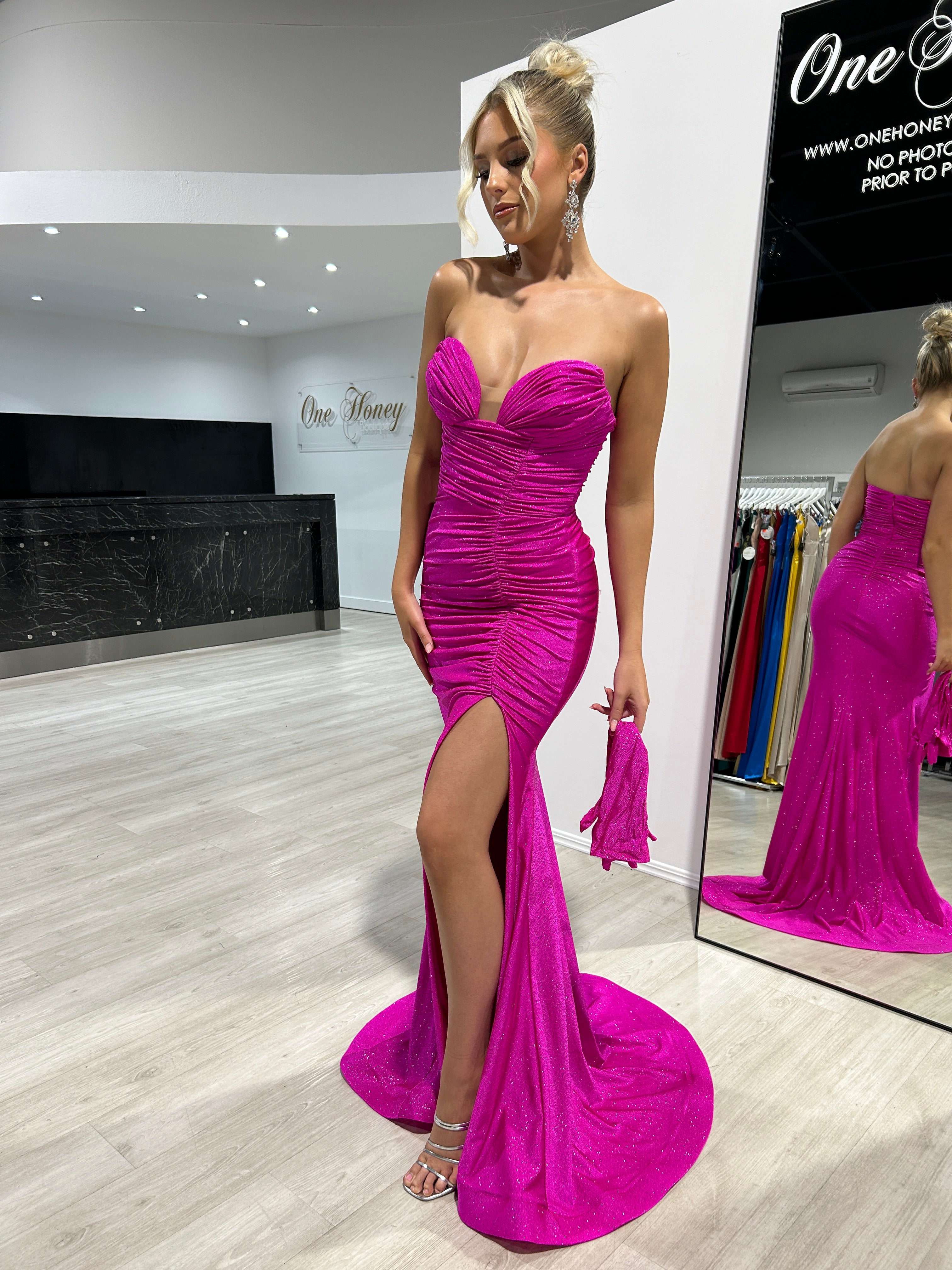 JESIKA Glitter Strapless Mermaid Dress with Gloves featuring a ruched bodice and satin slit for an evening gown. Brisbane to Gold Coast.