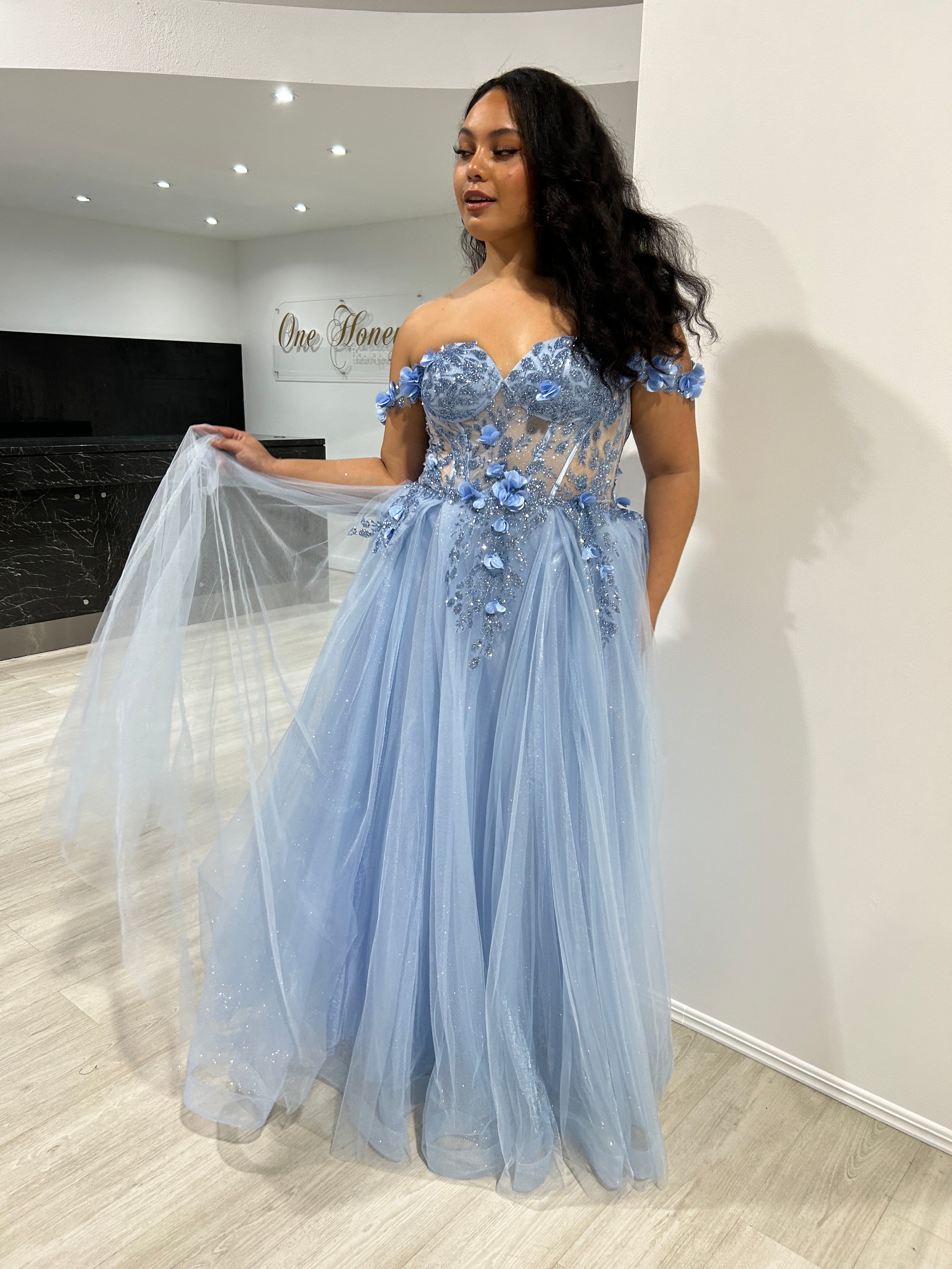 Honey Couture KARRISA blue glitter off-shoulder A-line formal dress, Australian designer evening gown, perfect for prom, affordable luxury.