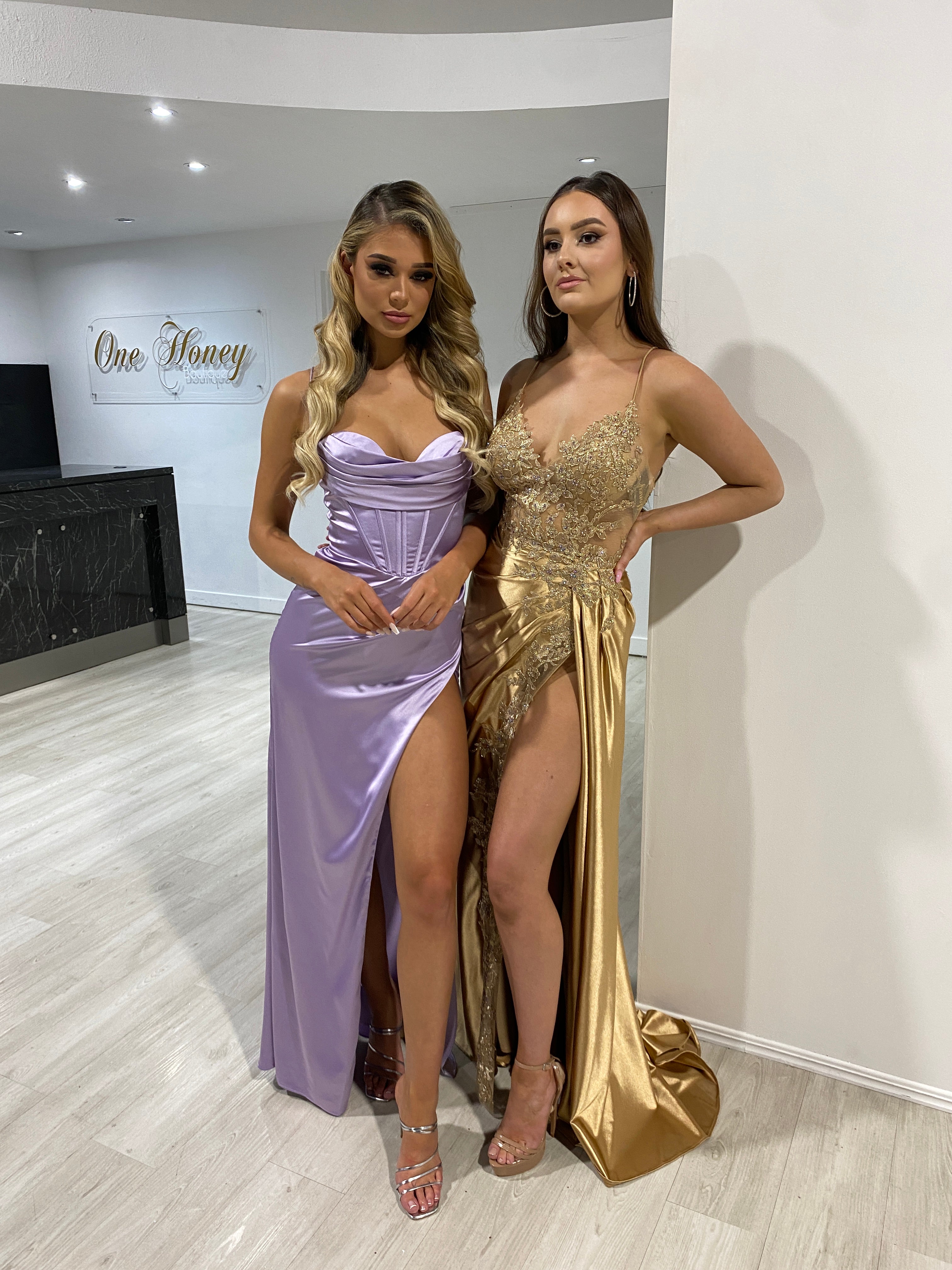 ZENDAYA Satin Corset Bustier Leg Split School Formal Dress in sage with sleek silhouette, displayed indoors. Brisbane to Gold Coast.