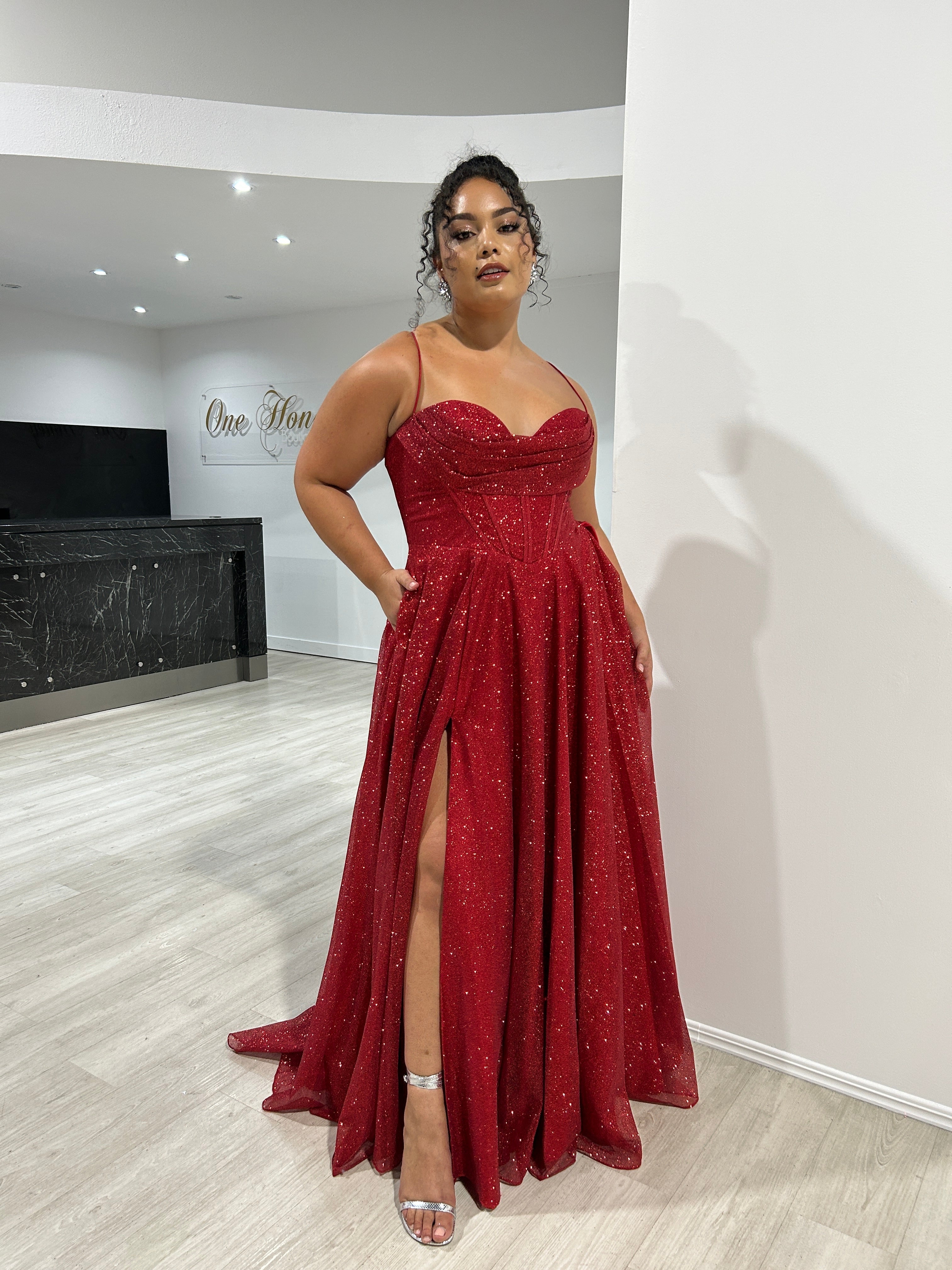 DREYA Curve Corset school formal dress with glitter bodice and pleated cowl neckline, Brisbane to Gold Coast.