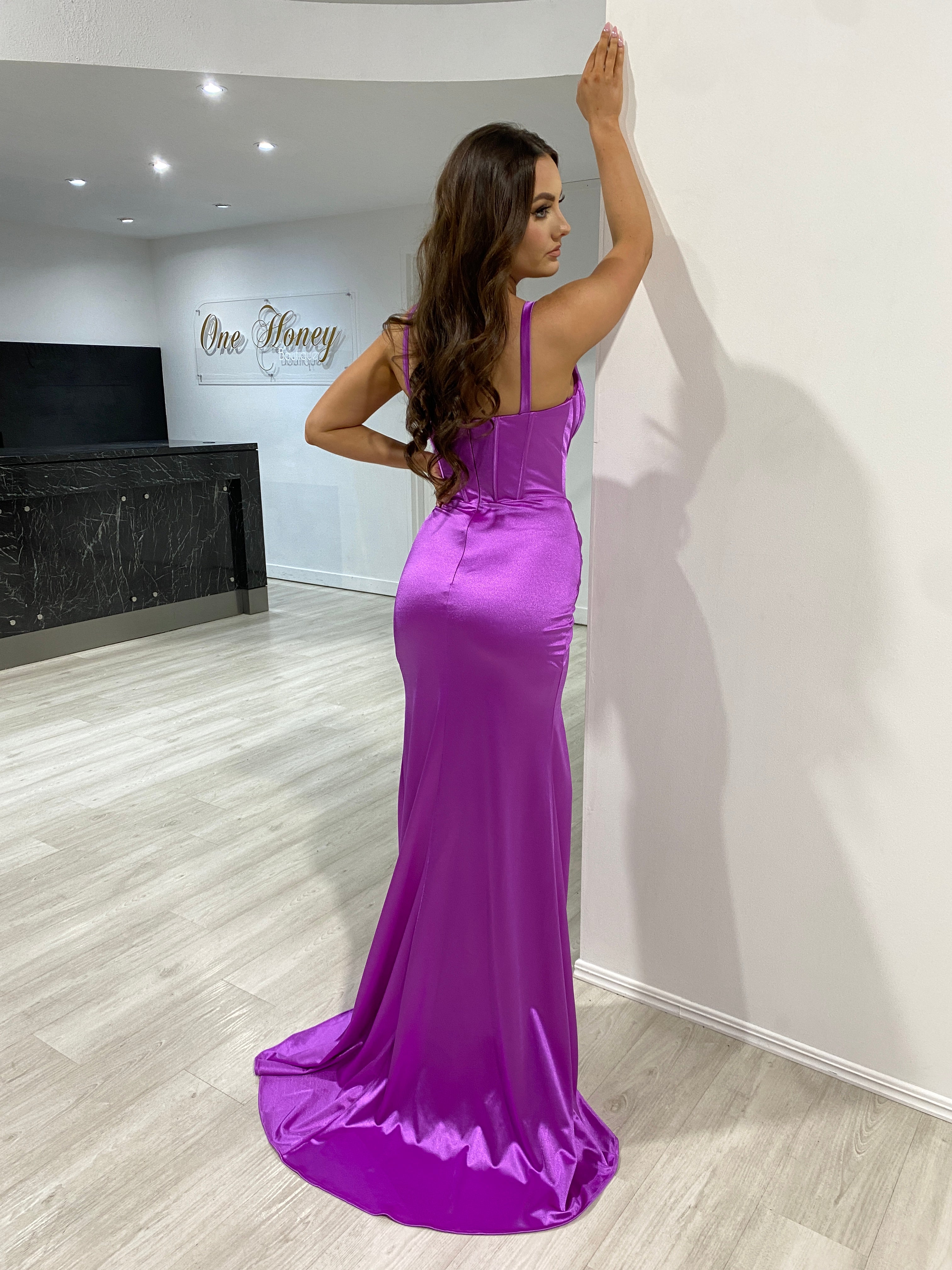 JADE Silky Satin Corset Leg Split Formal Dress featuring a glamorous sleek fit and luxurious fabric. Evening gown, Brisbane to Gold Coast.