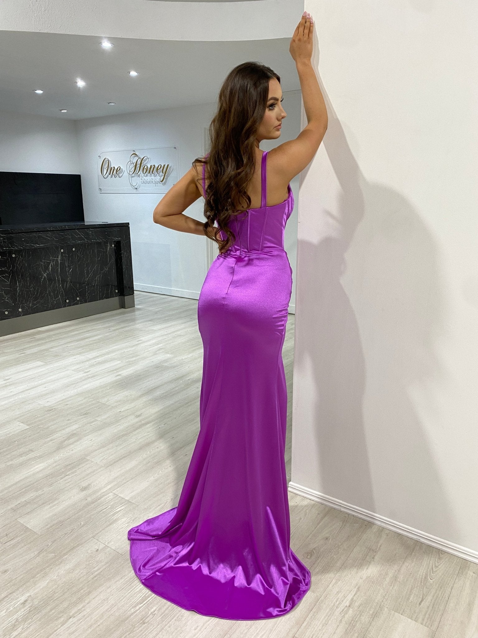 JADE Silky Satin Corset Leg Split Formal Dress in Australia | One Honey Boutique