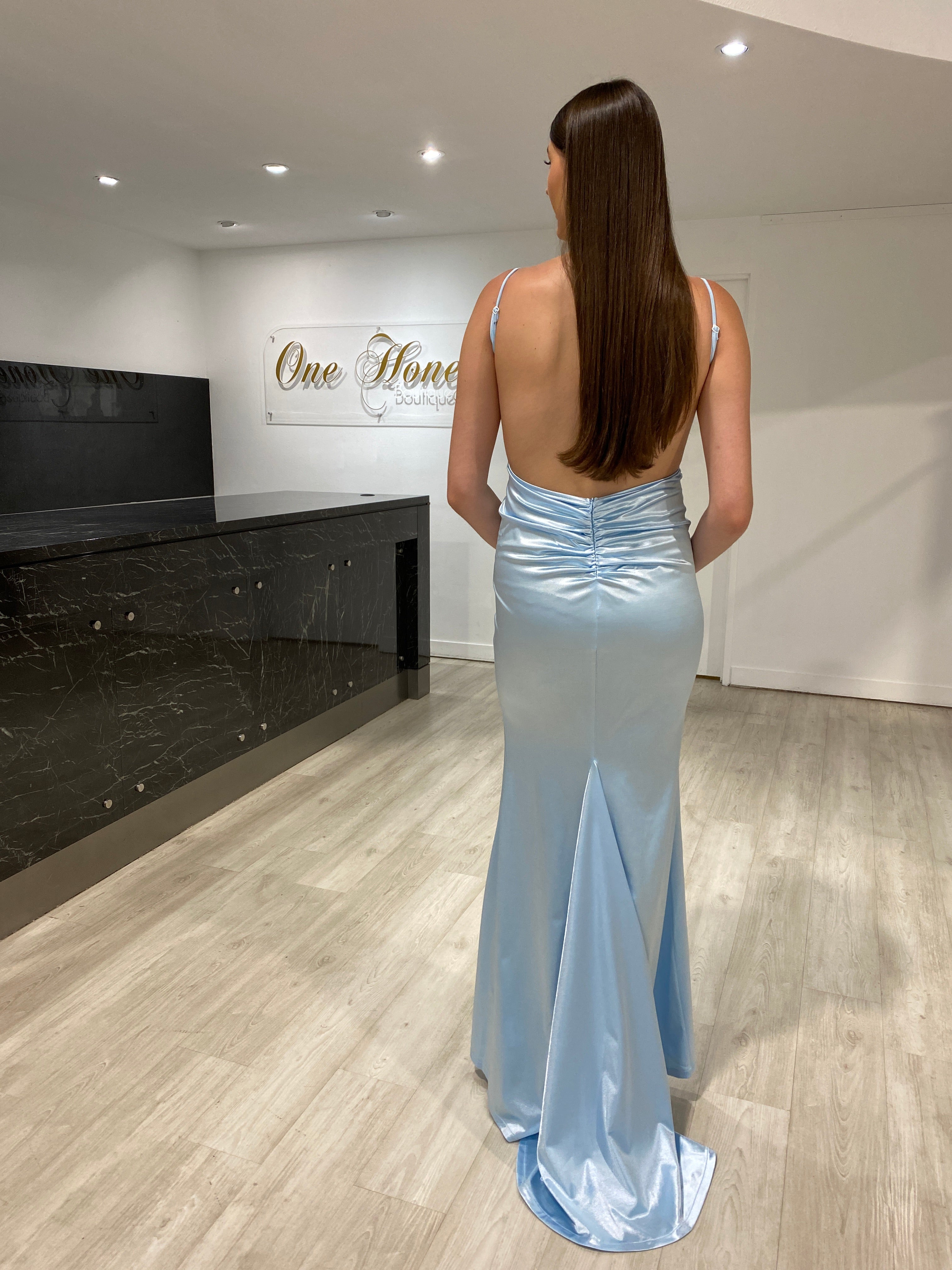 Honey Couture MILEE mermaid evening gown in silky stretch fabric, low back design, by Australian Designer, perfect prom dress style.