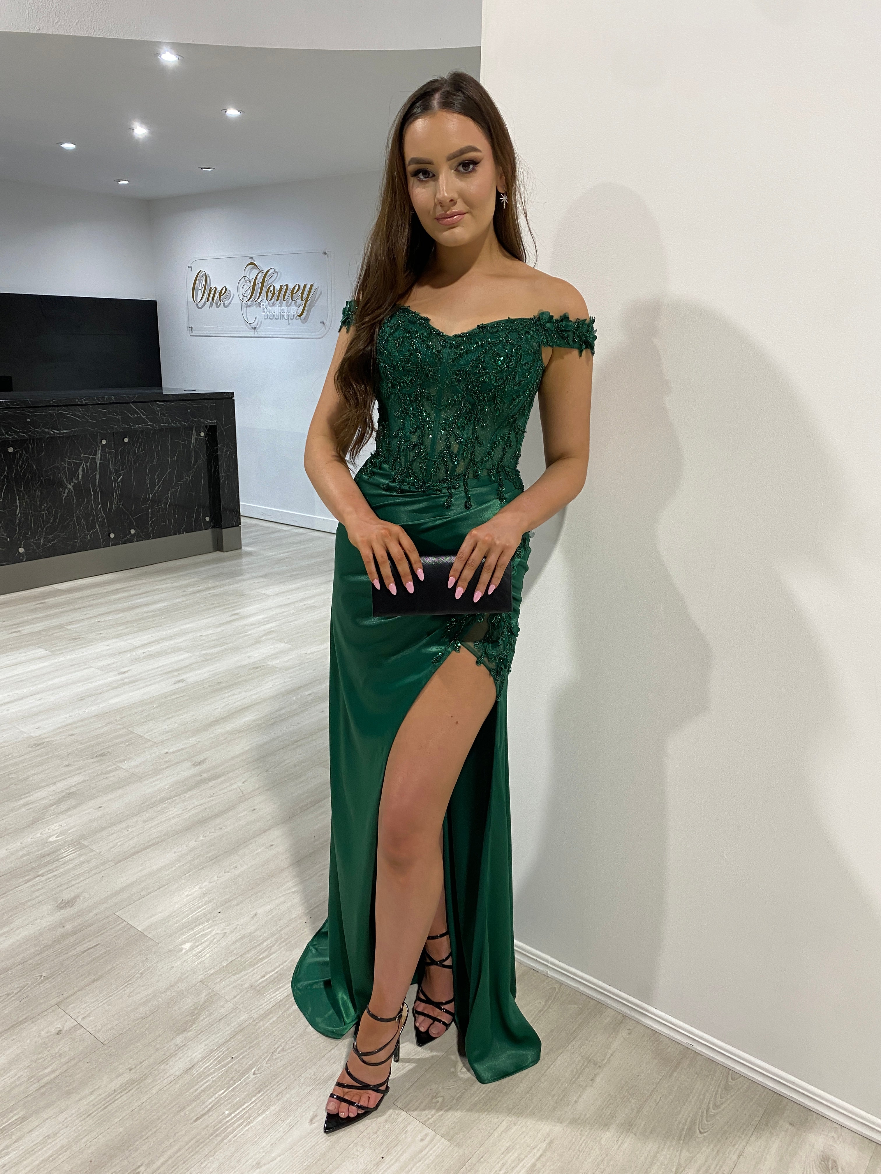 THELMA Sequin Bustier Corset Satin Mermaid Formal Dress with floral off-shoulder design and lace bodice, evening gown. Brisbane to Gold Coast.