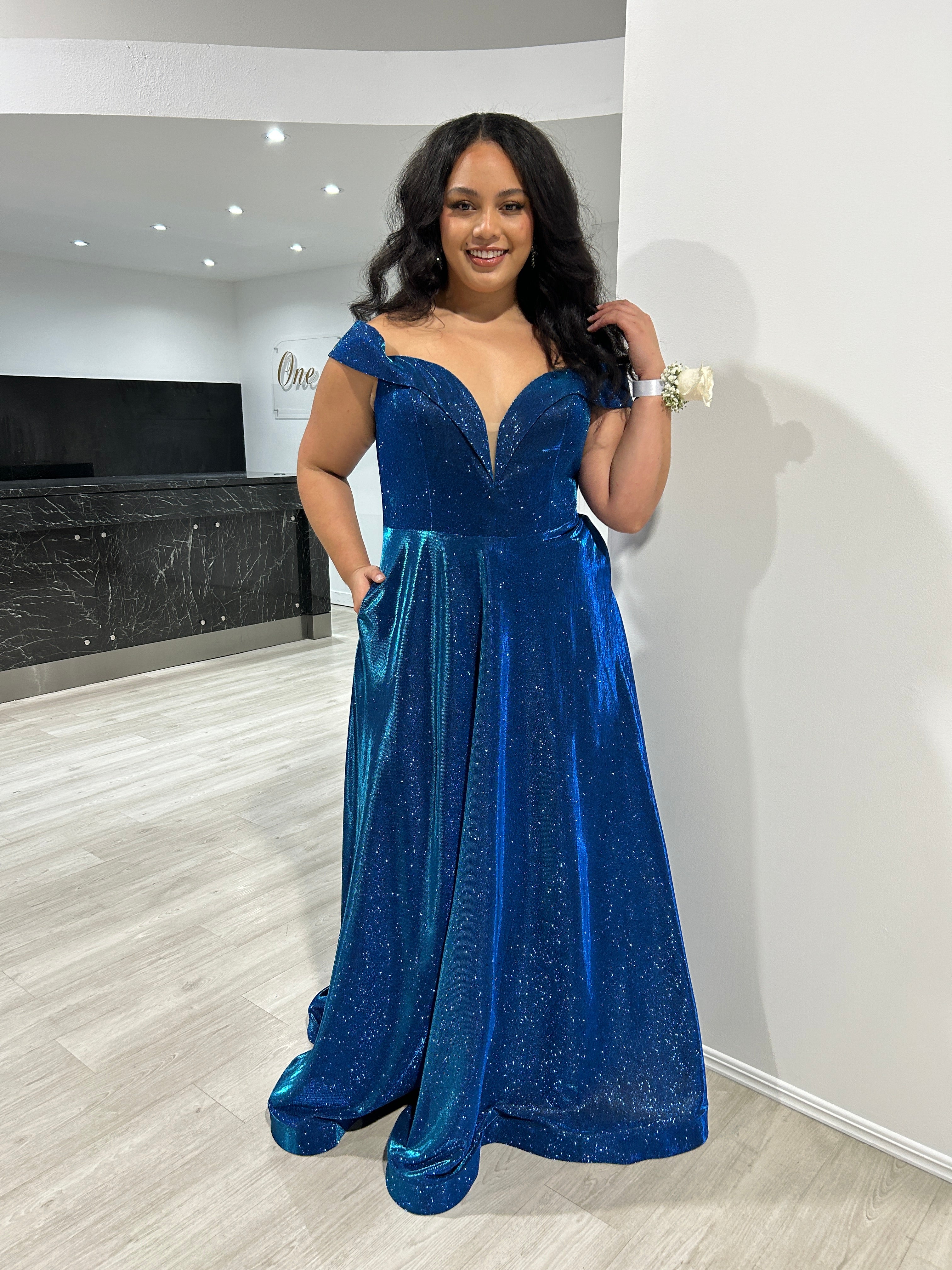 REBEL Curve glitter off-shoulder evening gown with corset back, ideal for formal events. Brisbane to Gold Coast, Australia.
