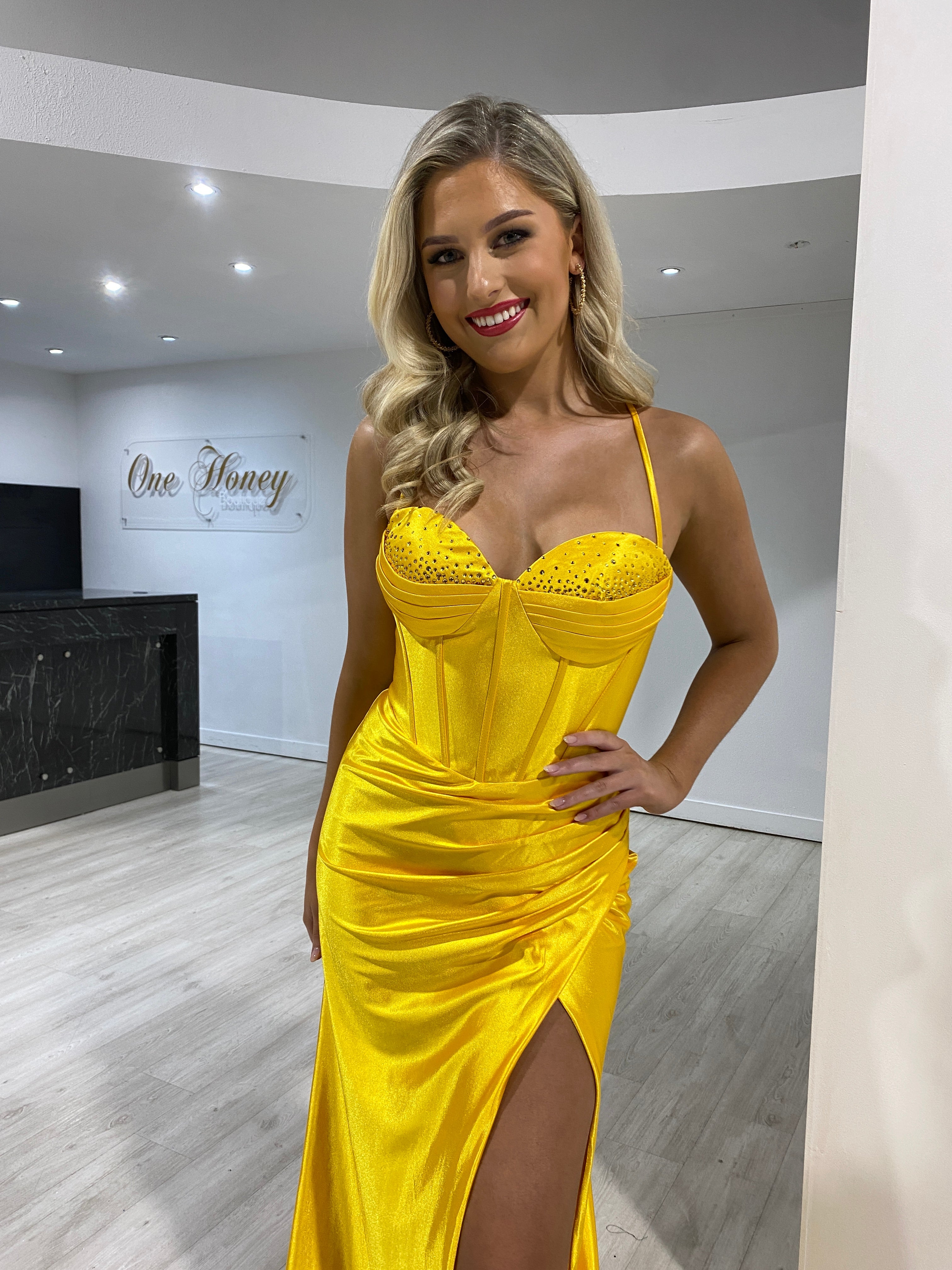 RAFAELLA crystal yellow bustier corset with slit evening gown, featuring spaghetti straps and silk fabric. Brisbane to Gold Coast, Australia.