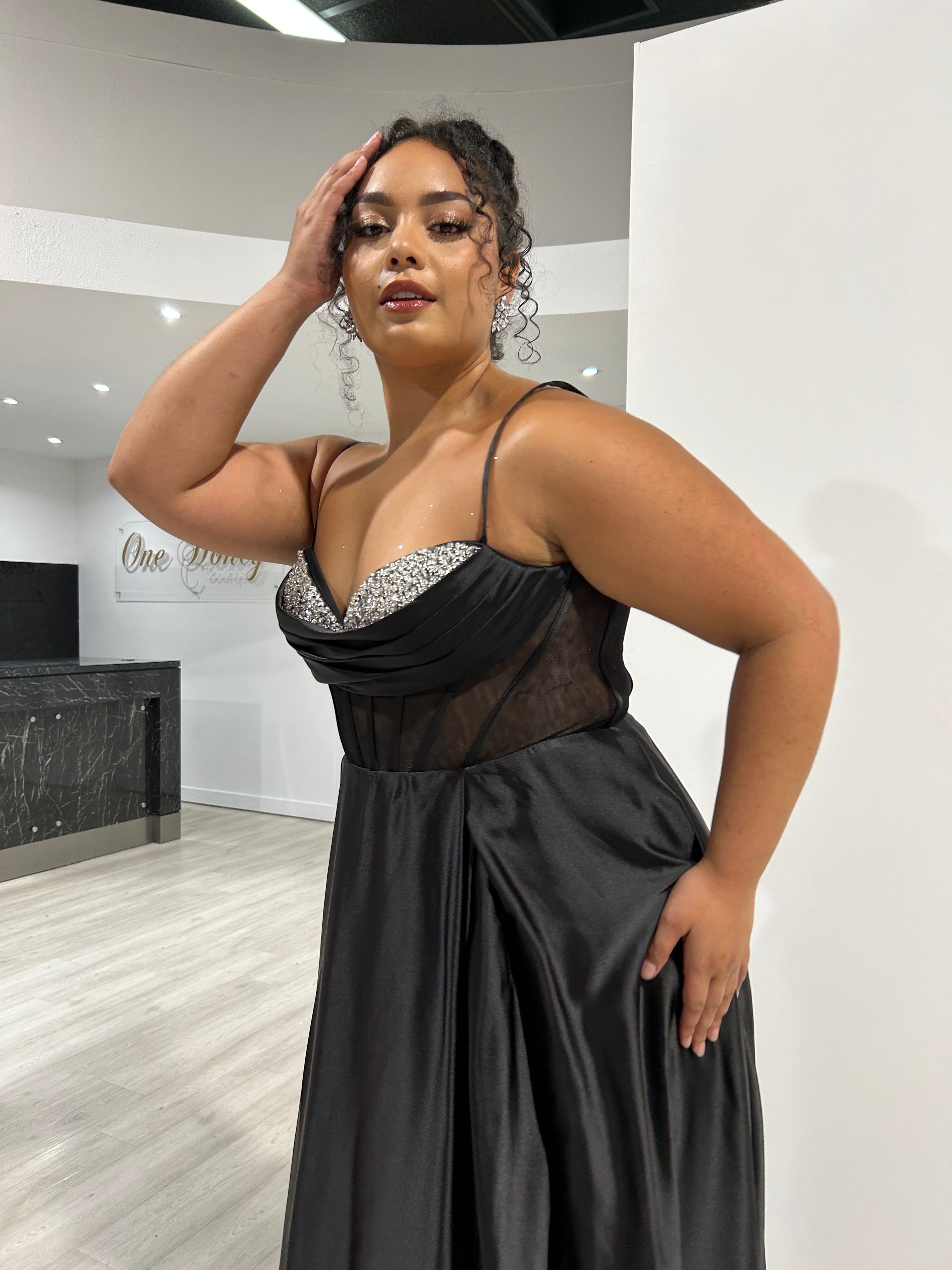 ROJA Satin Diamanté Detail Corset A-Line Formal Dress with sheer corset and diamanté bust, evening gown. Brisbane to Gold Coast, Australia.