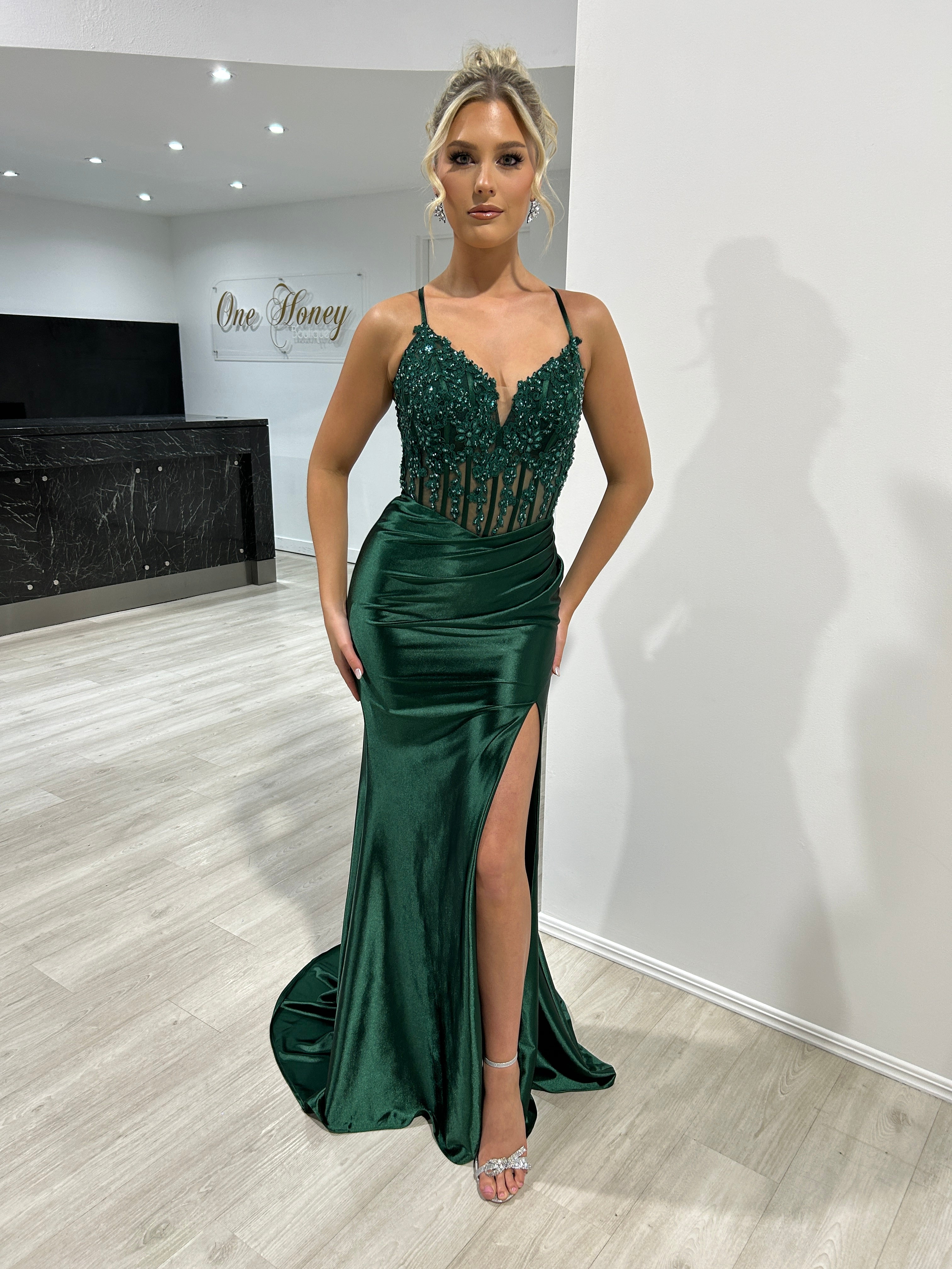 Honey Couture ALORA Green Embellished Bustier Corset Satin Mermaid Formal Dress