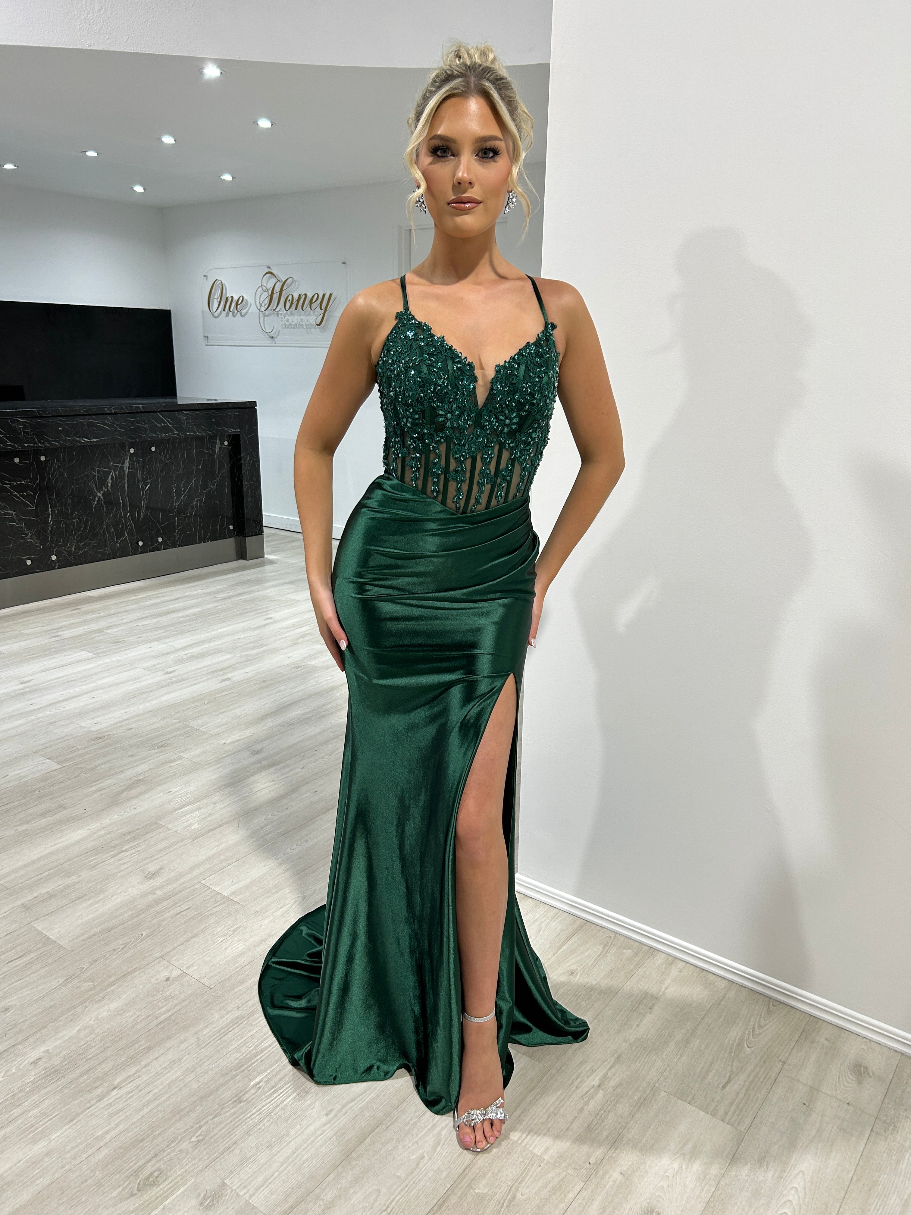 Honey Couture ALORA Embellished Bustier Corset Satin Mermaid Formal Dress
