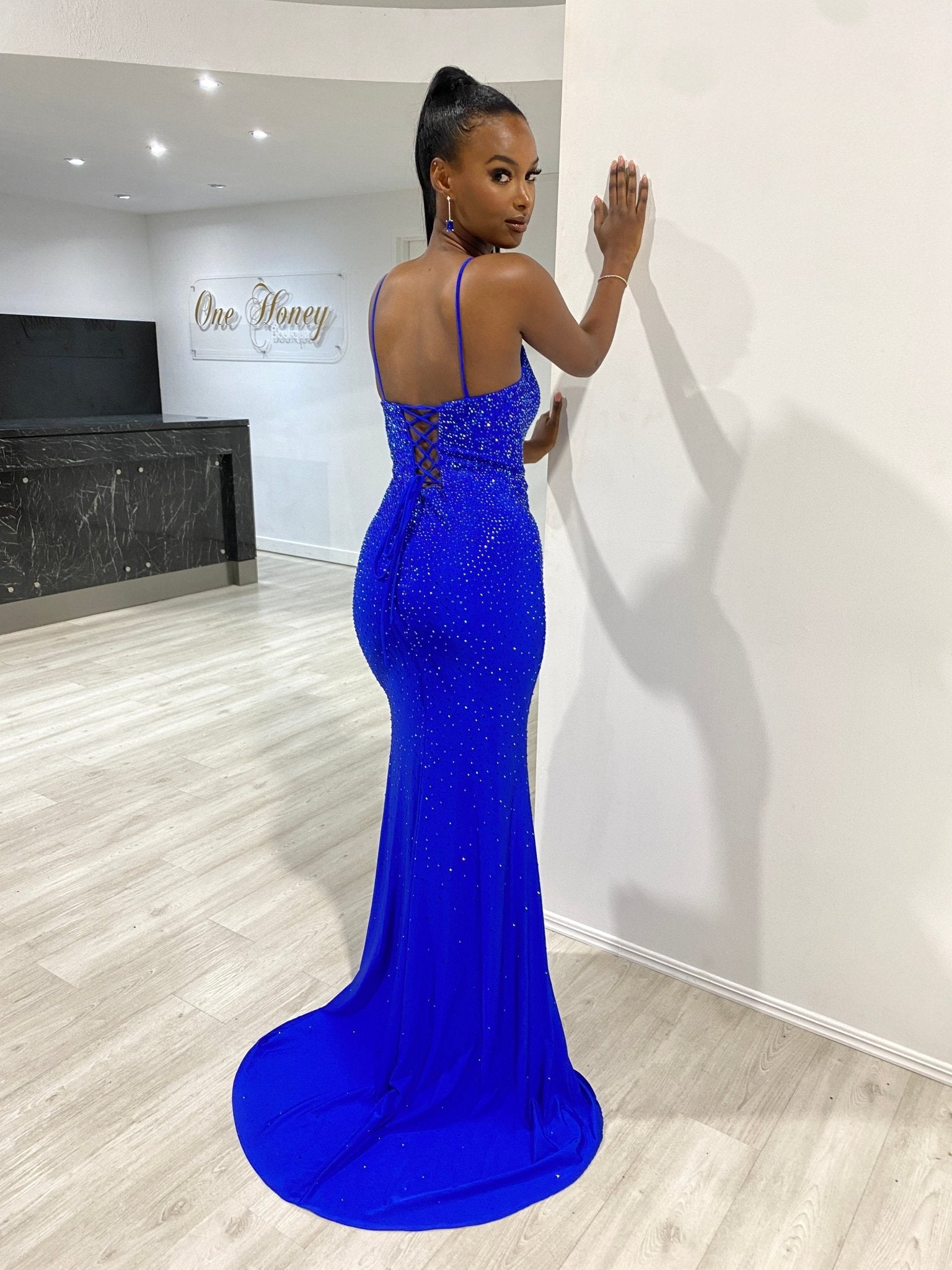 slim fit dress slacks Navy Tulle Gold Beaded Spaghetti Straps Mermaid Prom Dress US0 / Navy/Gold main image 1
