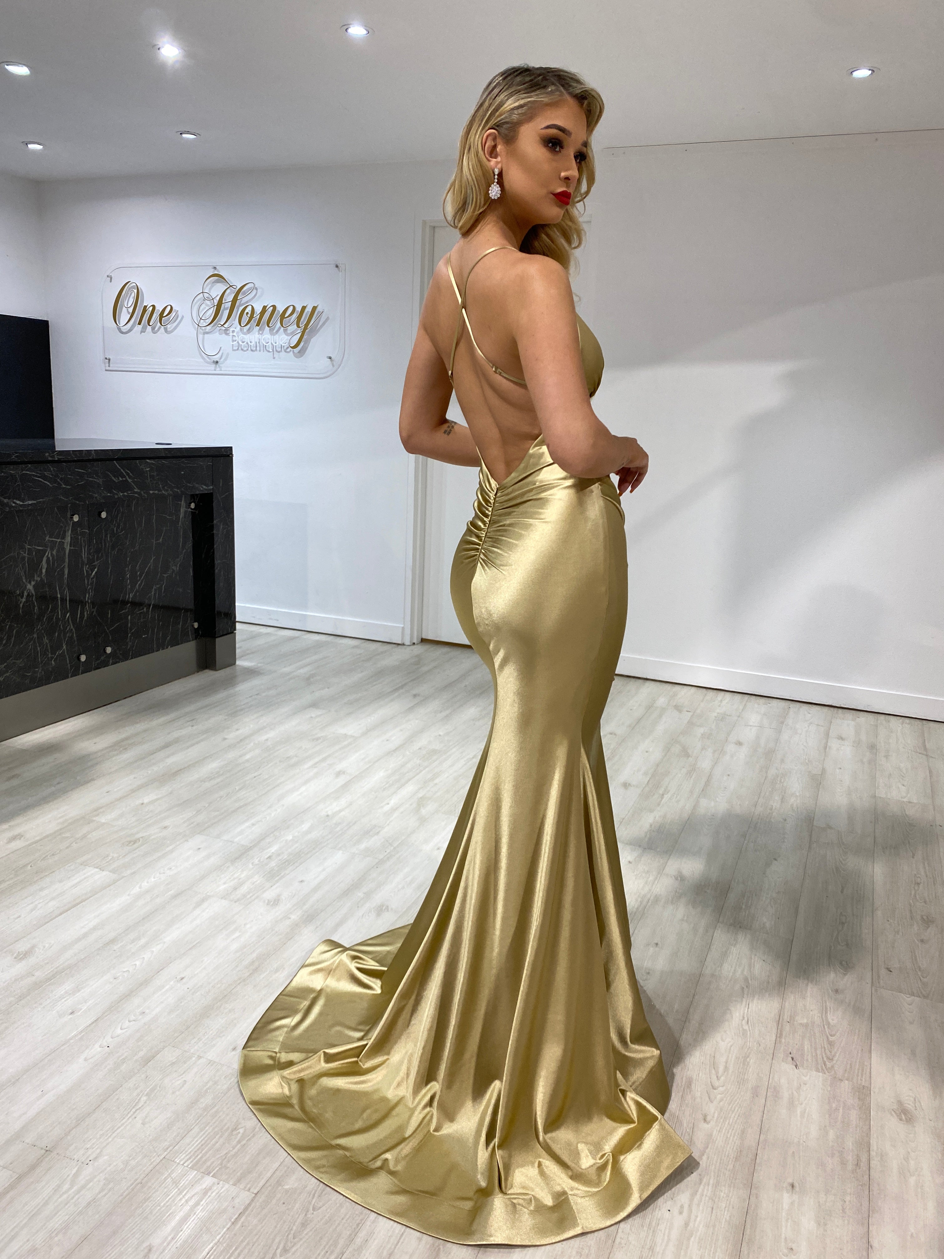 COCO Mermaid Formal Gown with low back and bum scrunch in satin. Perfect for evening events. Brisbane to Gold Coast, Australia.