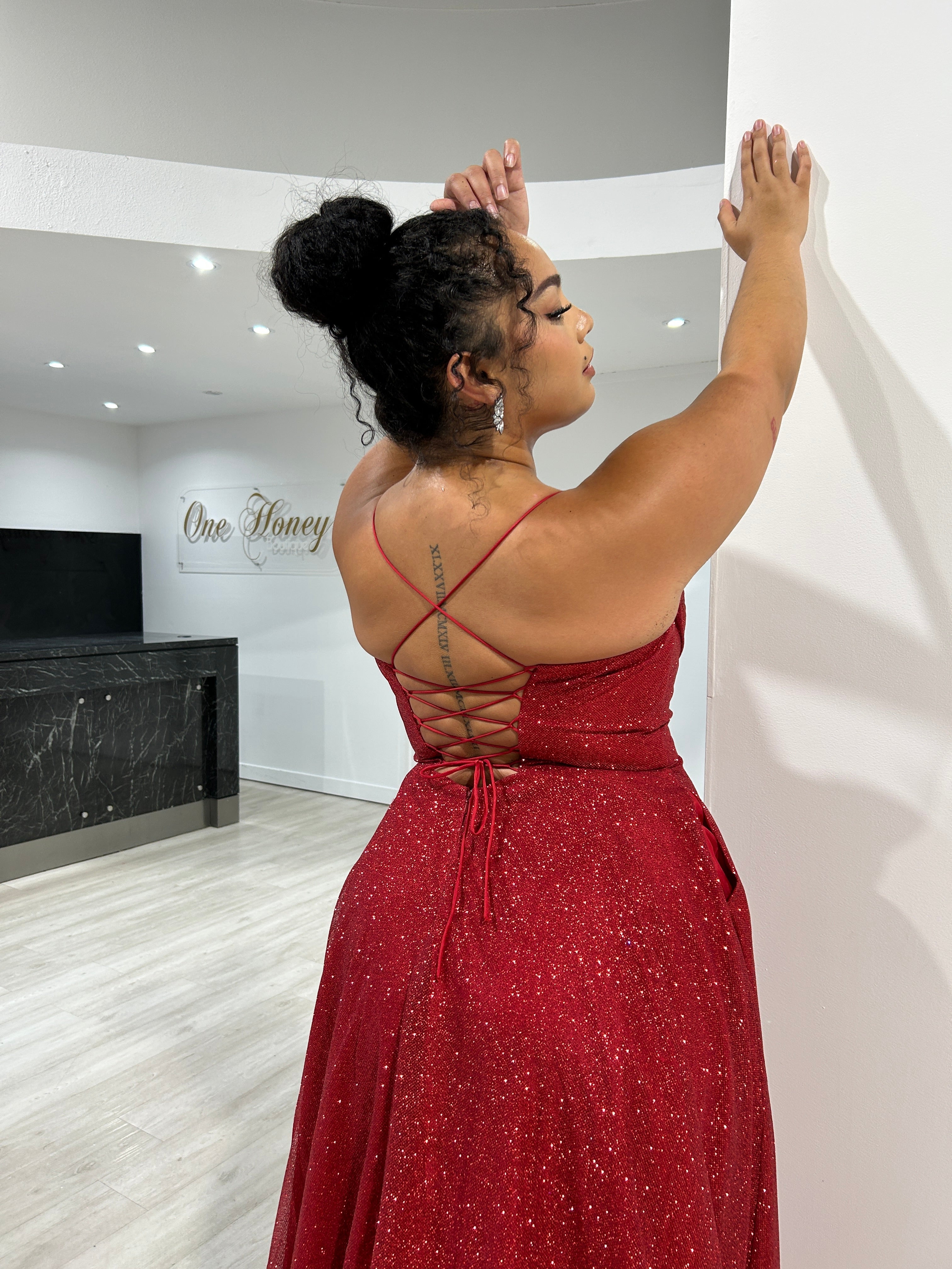 DREYA Curve Corset glitter gown with strappy back detail, perfect for school formal, Brisbane to Gold Coast, Australia.