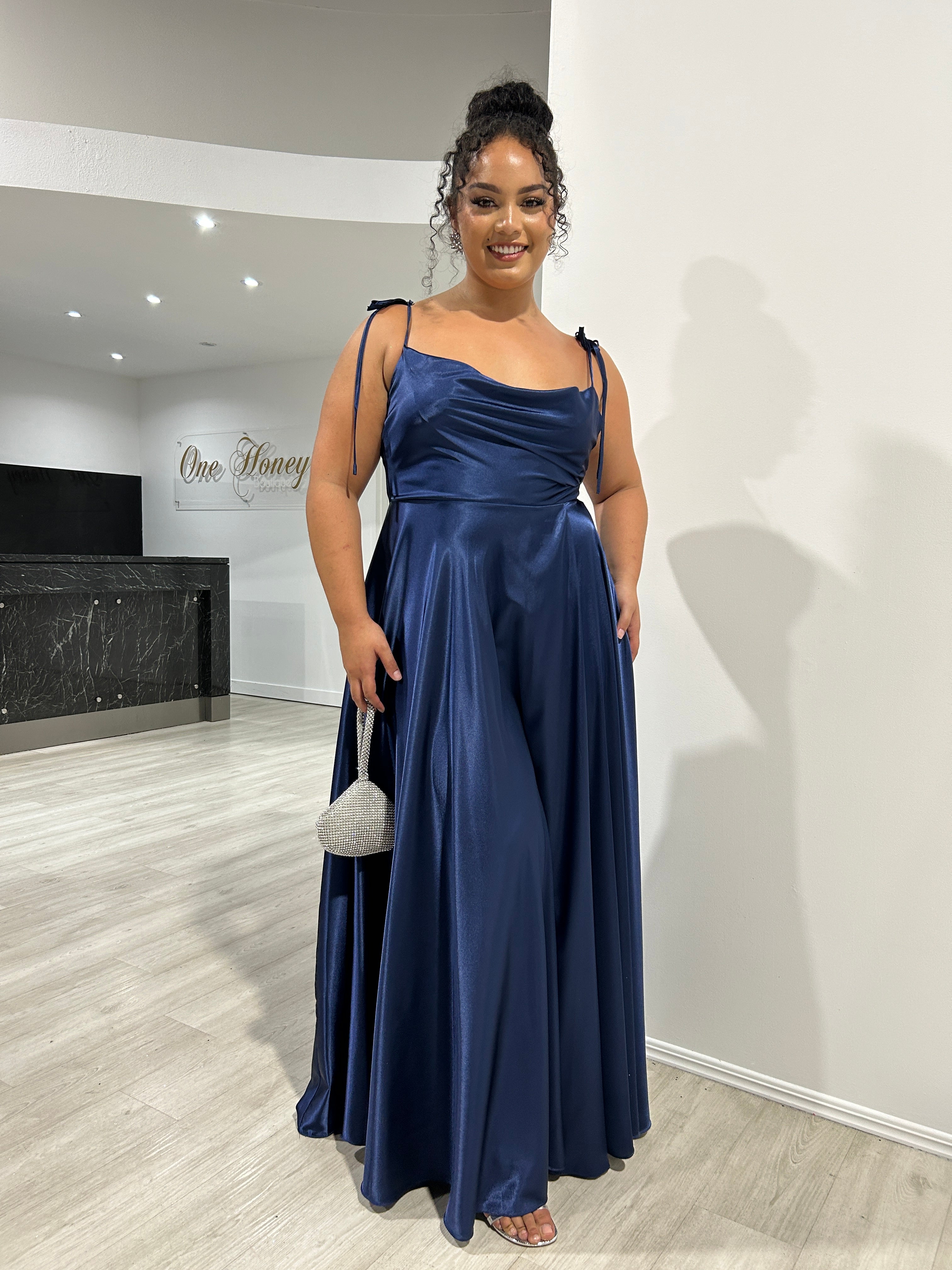 XENA gown with cowl neckline and adjustable spaghetti ties, elegant A-line formal dress for bridesmaids, Brisbane to Gold Coast.