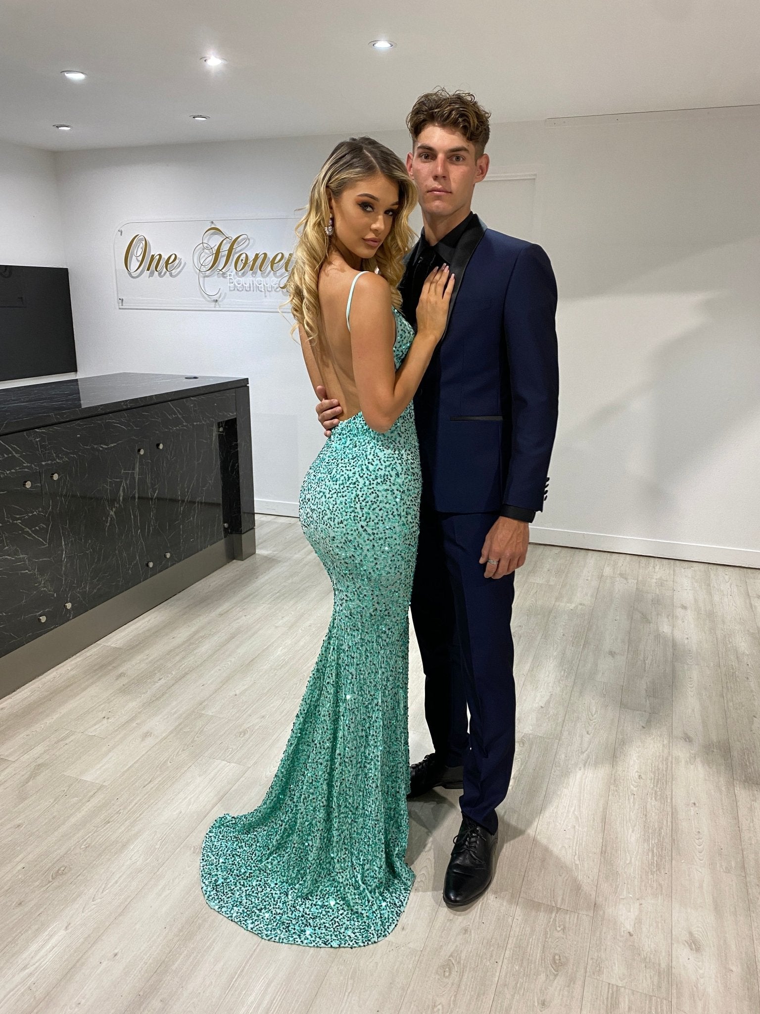 Honey Couture KAYTUM Low Back Sequin Mermaid Evening Gown Dress in Australia | One Honey Boutique