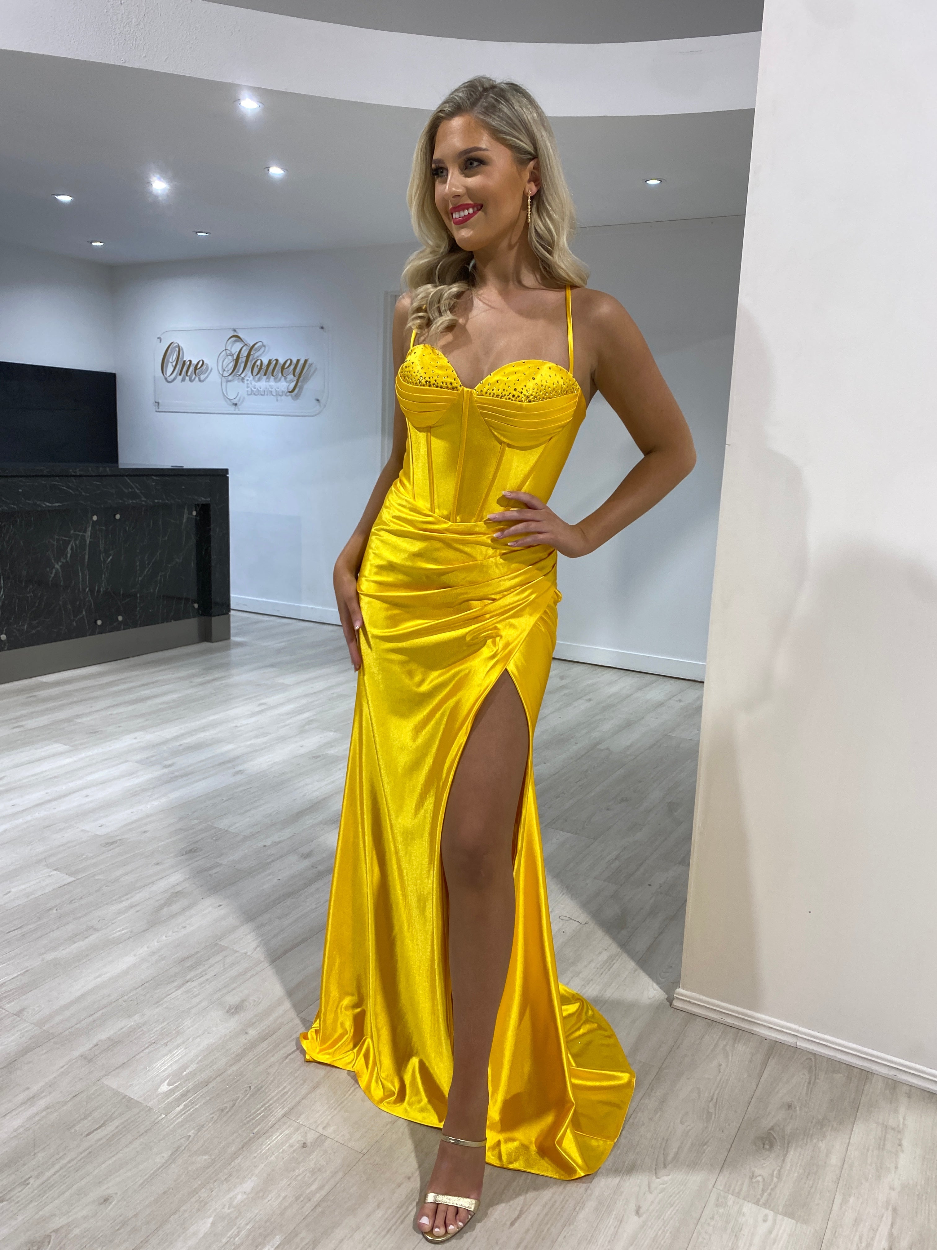 RAFAELLA Yellow Satin Mermaid Formal Dress with Bustier Corset and Spaghetti Straps, Evening Gown. Brisbane to Gold Coast.