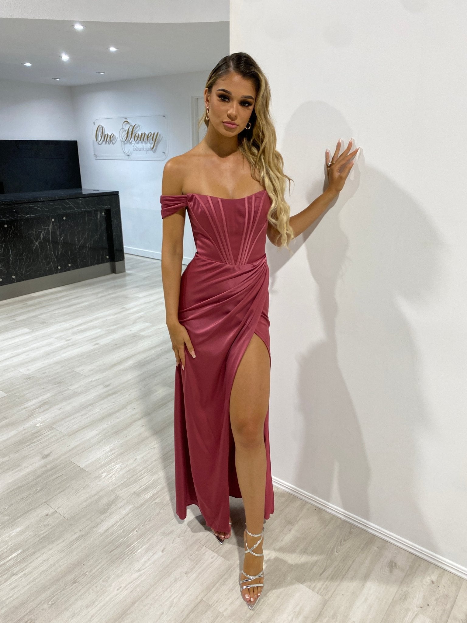 Honey Couture TYRA Lips Soft Pink Corset Bustier Leg Split Formal Dress (RED TAG FINAL SALE) in Australia | One Honey Boutique