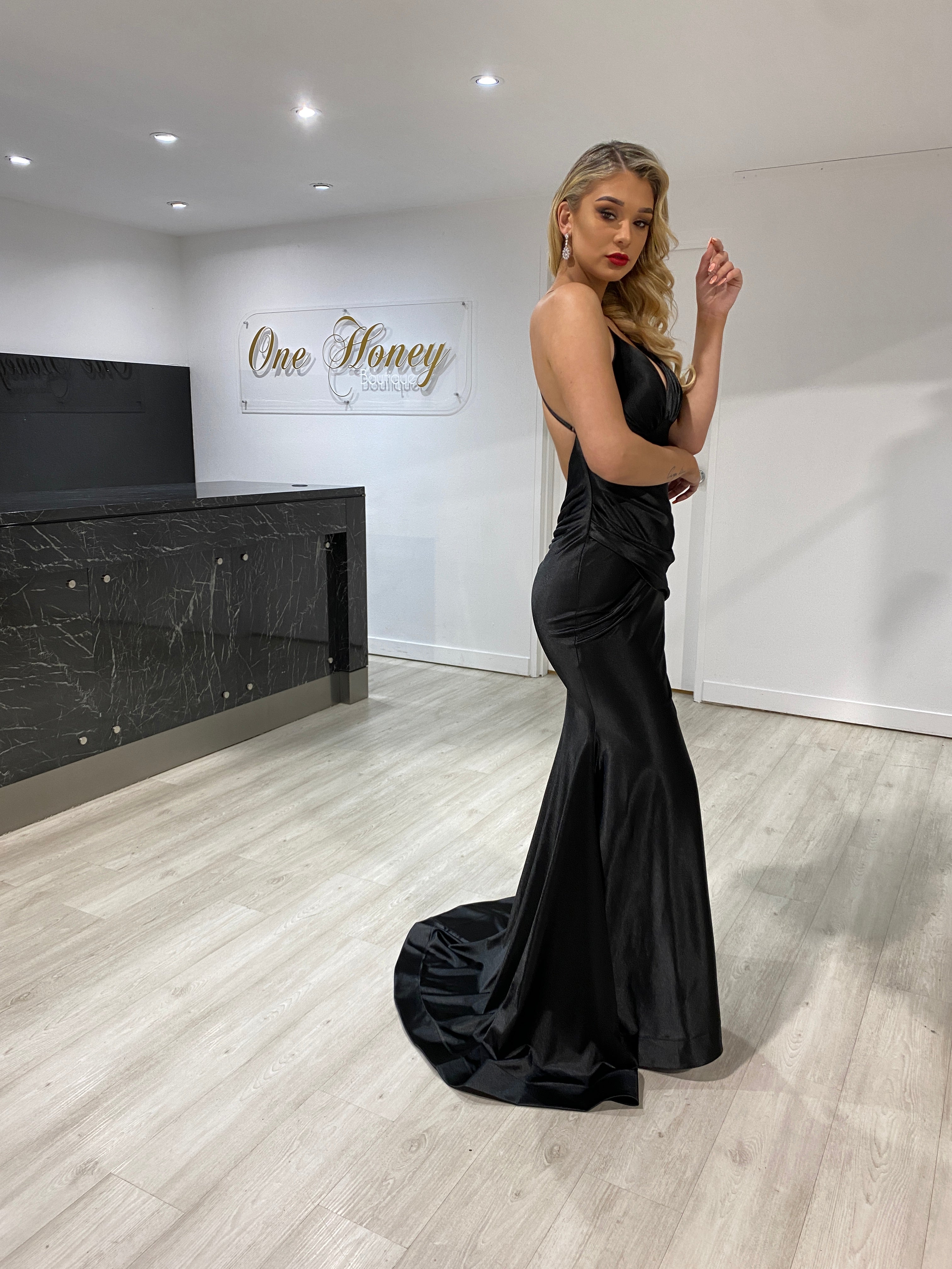COCO Sash Front Low Back Bum Scrunch Mermaid Formal Gown with deep V-neckline, black satin fabric. Evening gown Brisbane to Gold Coast.