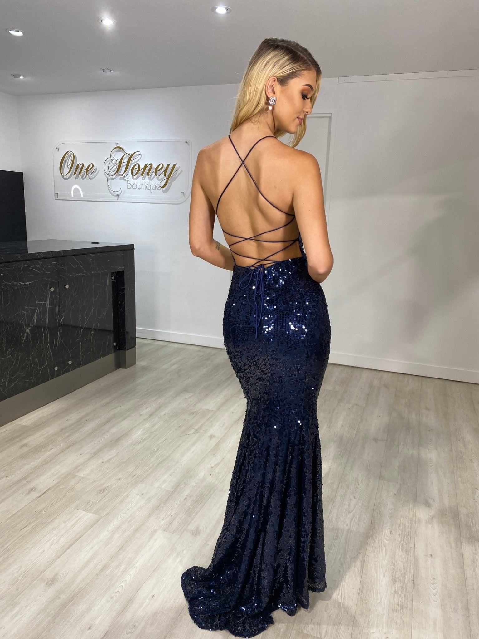 zoe formal mesh faux pearl midi dress ZOE Sequin Corset Back Mermaid Formal Evening Gown Navy Blue / 14 AUS