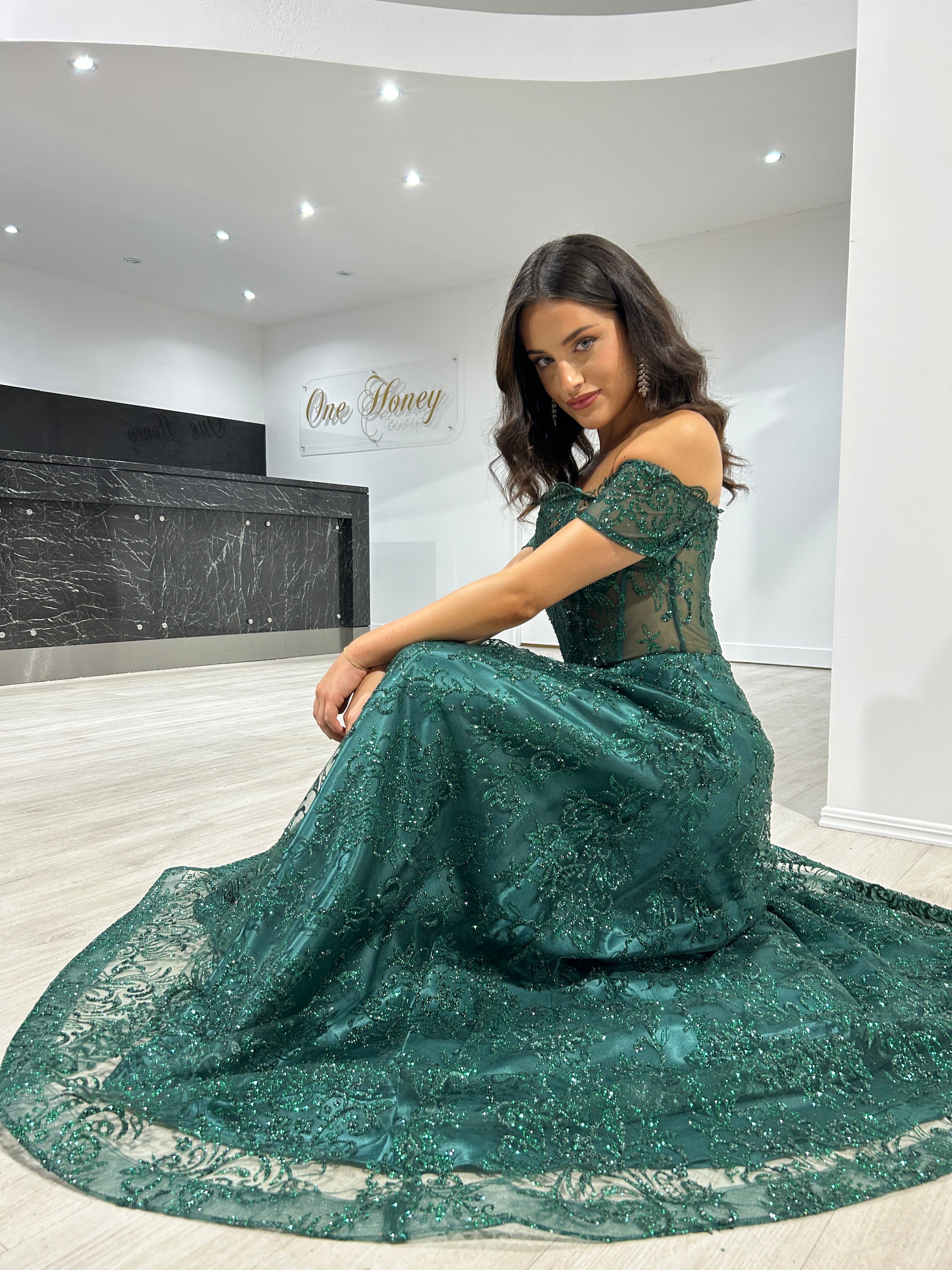 THEA Off The Shoulder Glitter Ball Gown featuring a lace bodice, perfect for a formal evening event, Brisbane to Gold Coast, Australia.