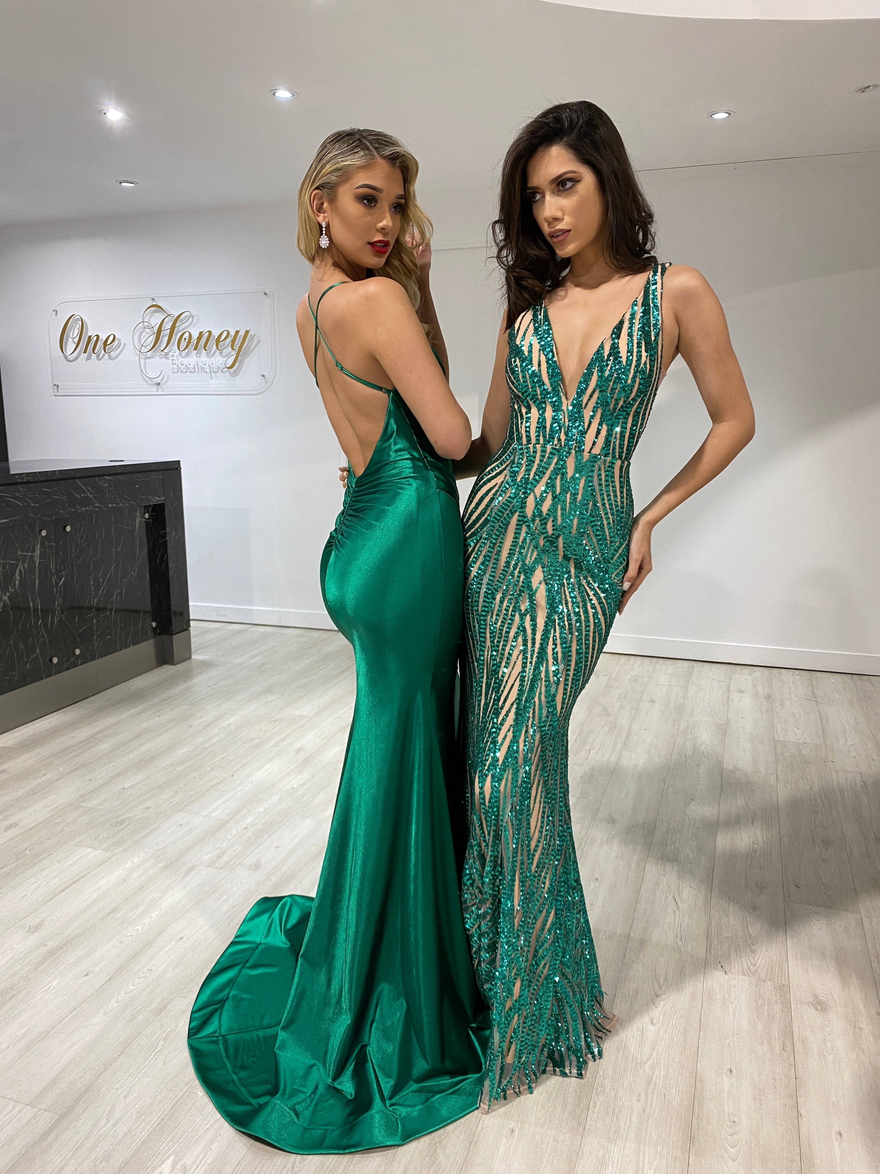 Honey Couture COCO Emerald Green Low Back Bum Ruching Mermaid Formal Dress (RED TAG FINAL SALE)