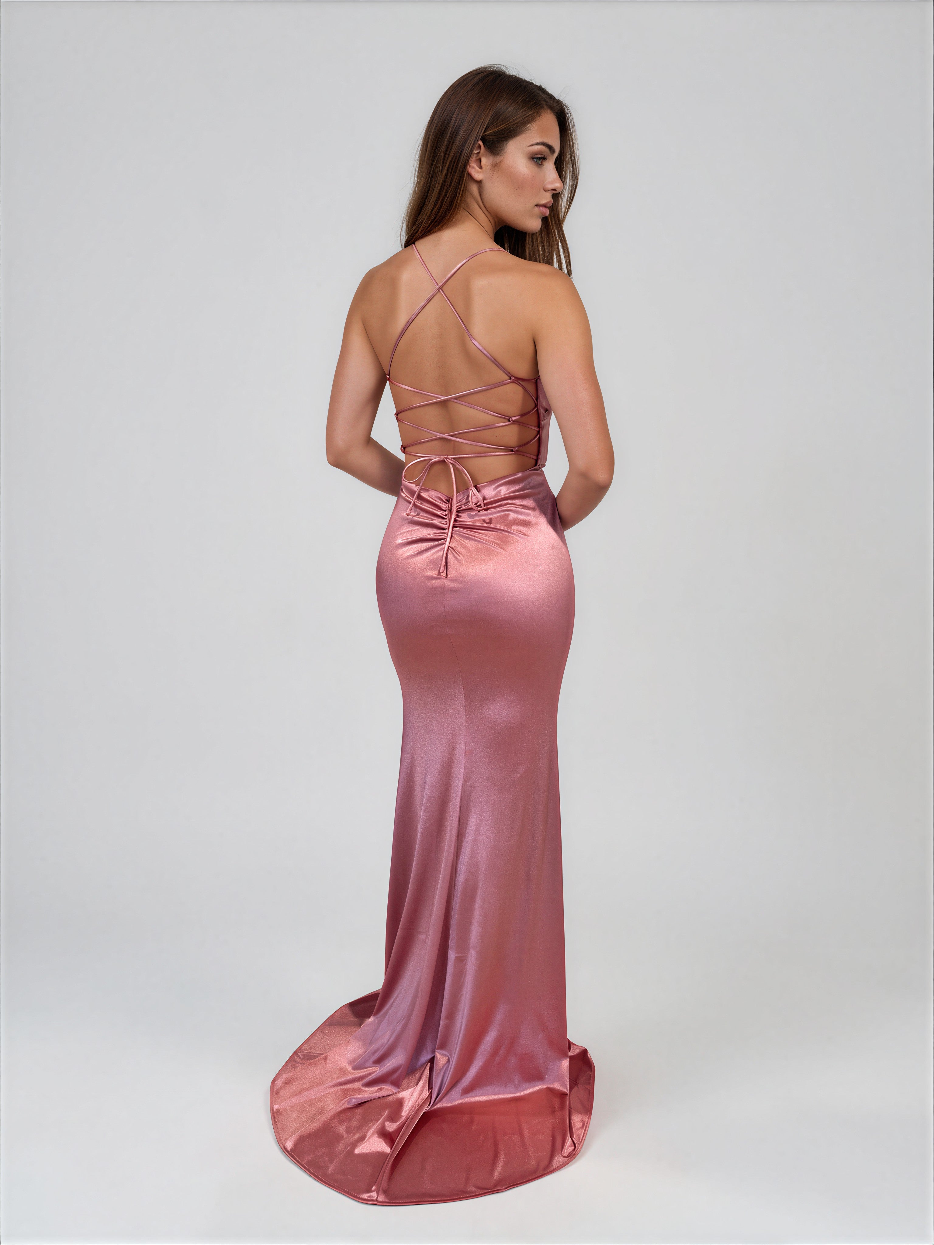 Honey Couture JALI Lace Back Silky Bum Ruching Formal Dress in Australia | One Honey Boutique