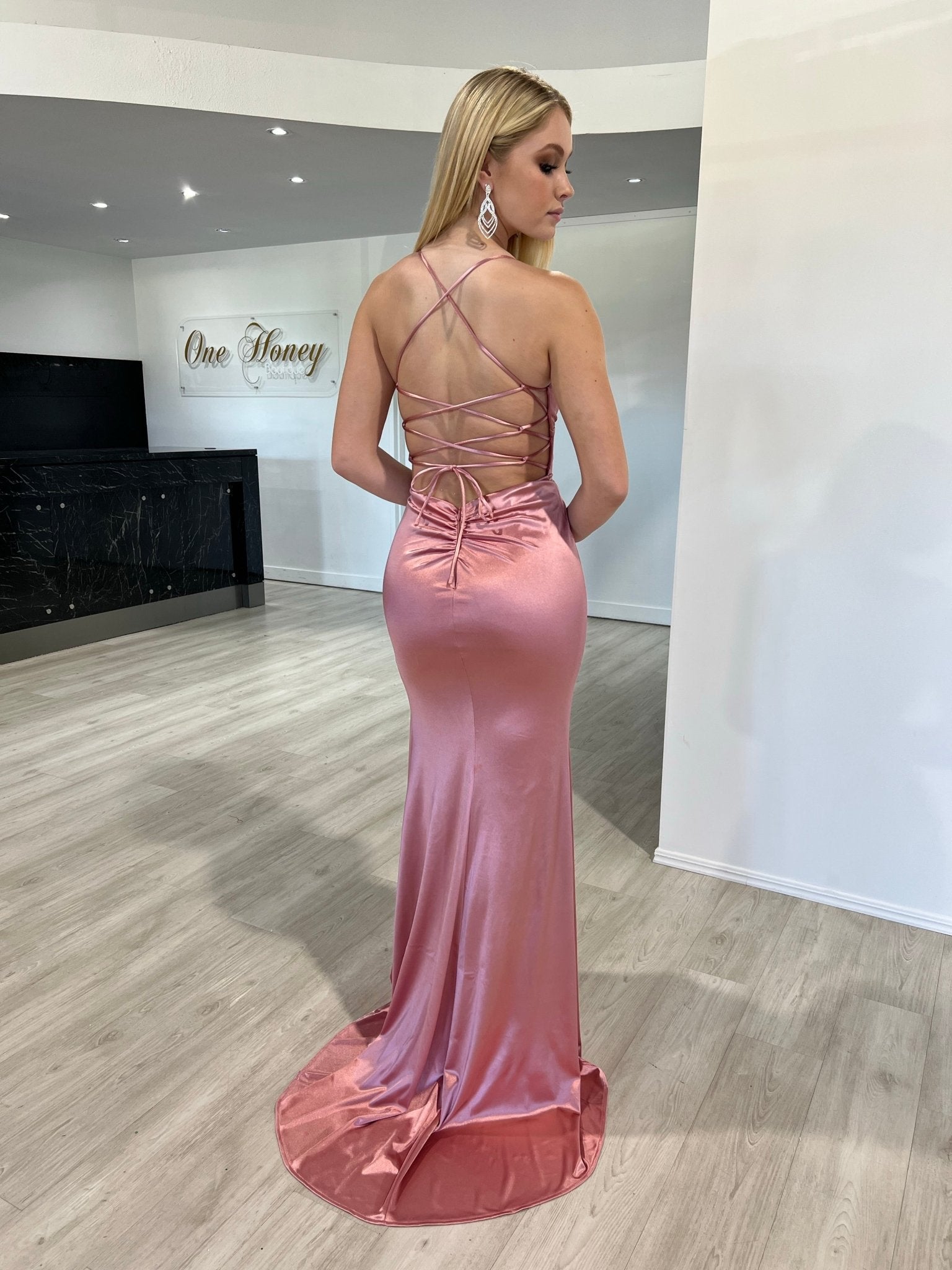 Honey Couture JALI Lace Back Silky Bum Ruching Formal Dress in Australia | One Honey Boutique