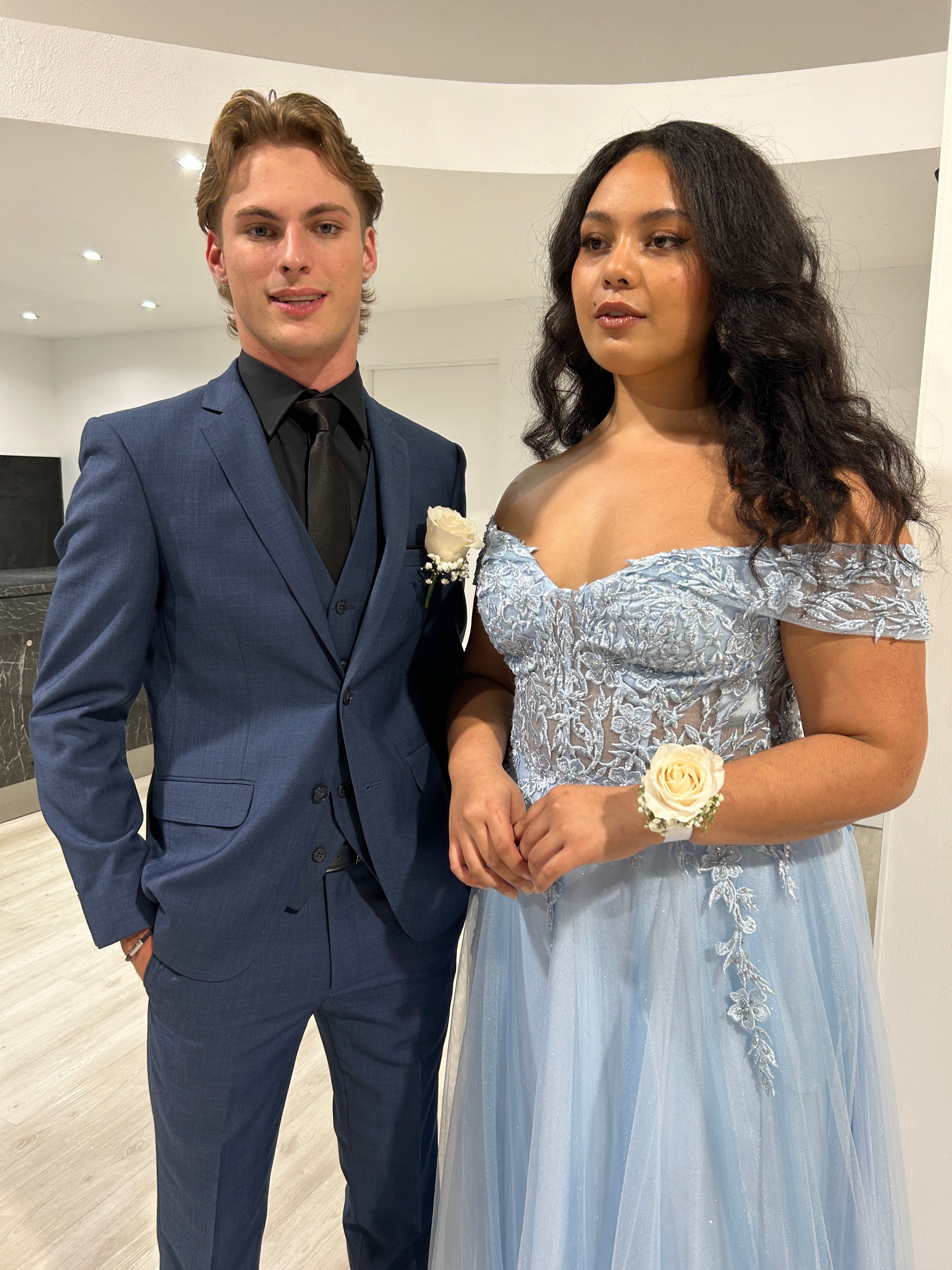 DEJA Lace Applique Corset Back Off Shoulder Ballgown with lace bodice and tulle skirt at a formal event. Brisbane to Gold Coast.