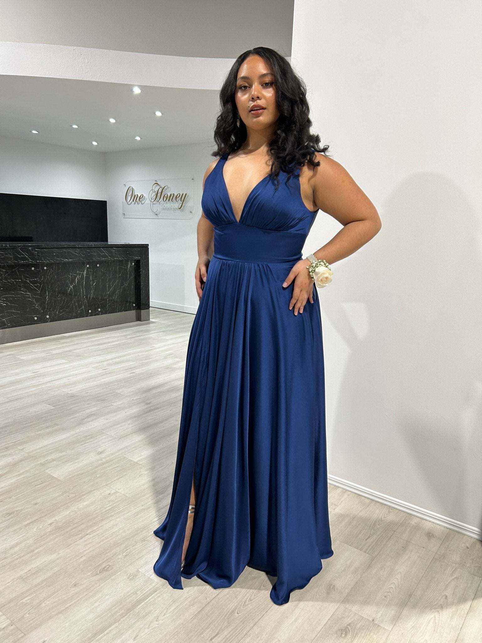 NELLIE Deep V Front Silky A Line Bridesmaid Formal Dress in Australia | One Honey Boutique