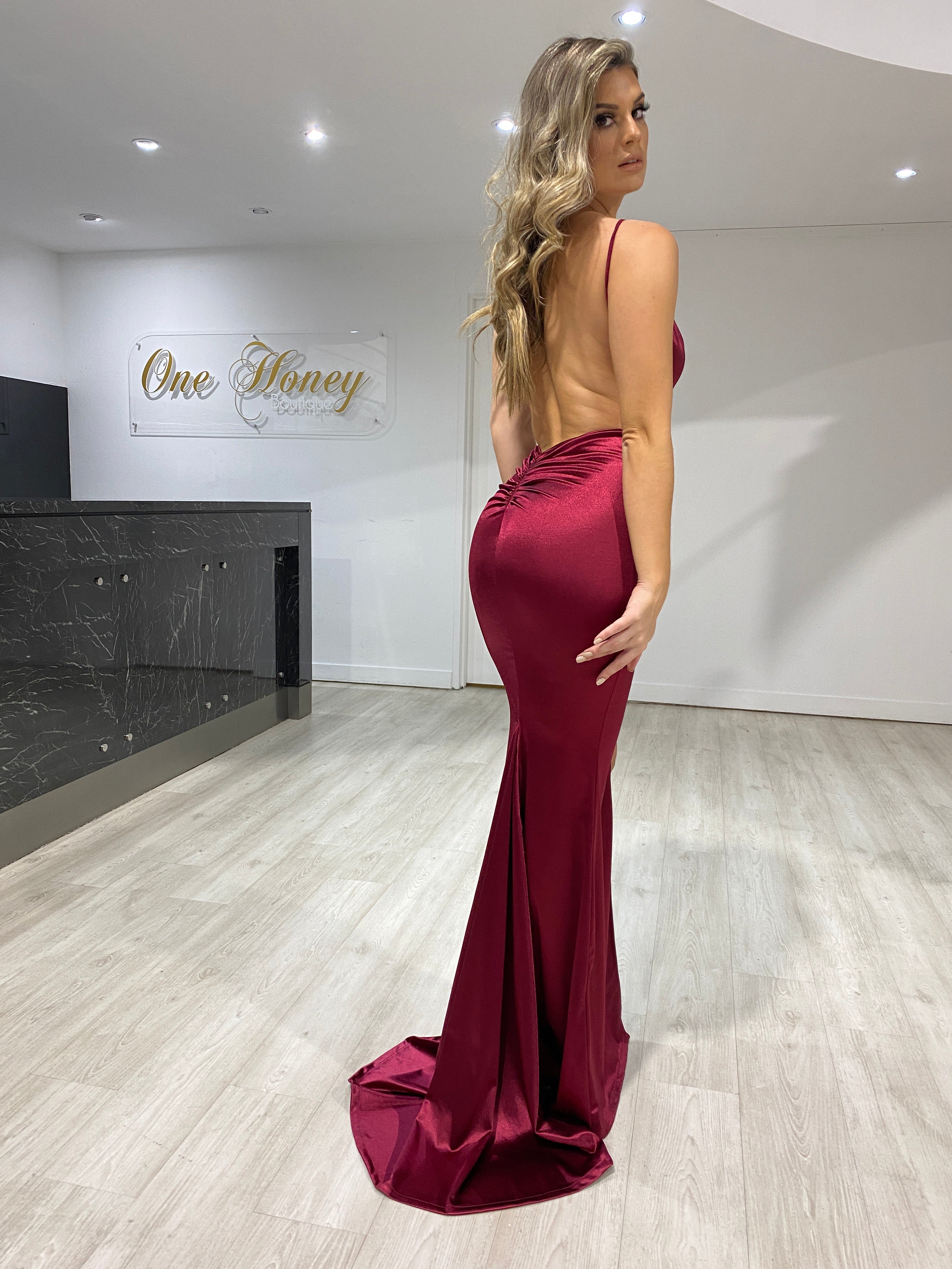 Elegant Honey Couture MILEE Low Back Mermaid Evening Gown in silky stretch fabric, designed by Australian Designer for prom and formal events.