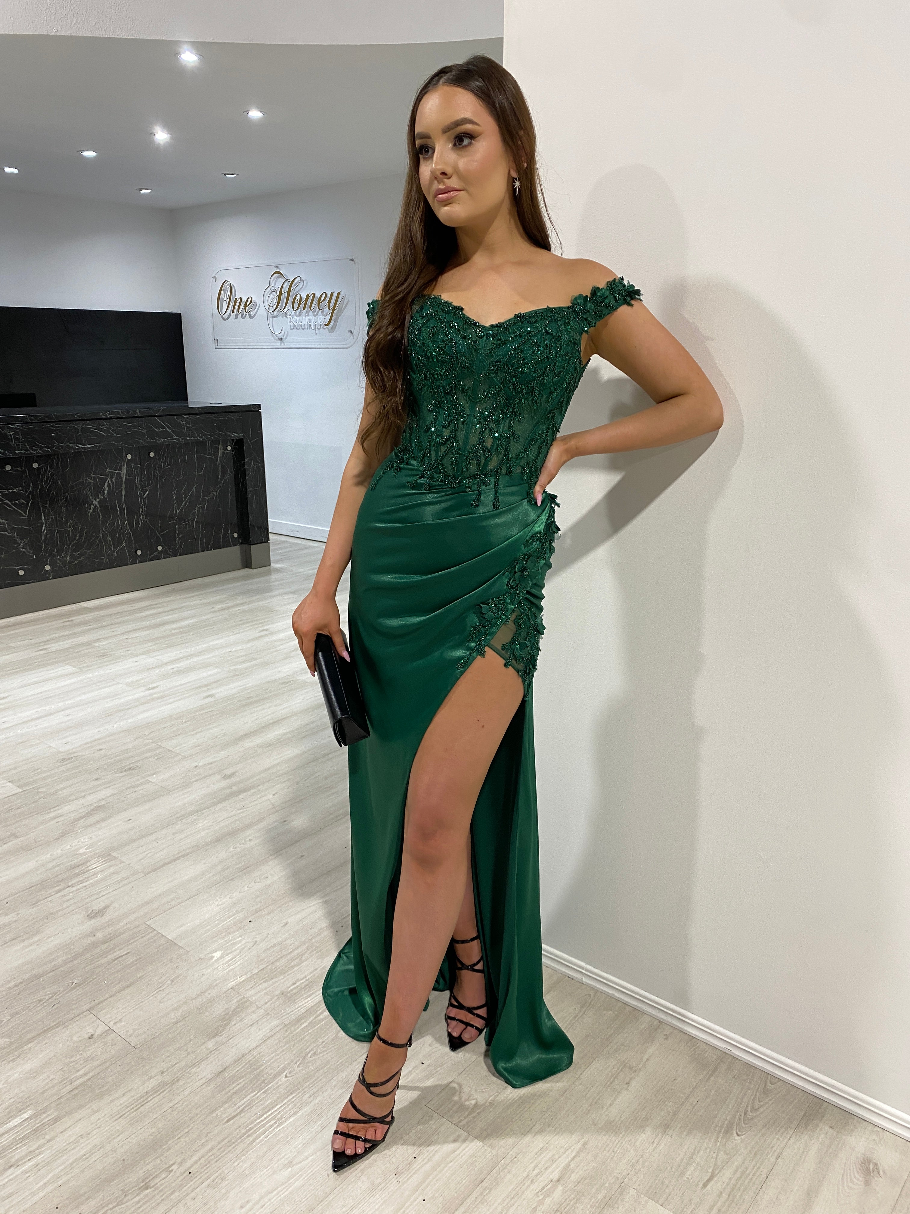 THELMA Sequin Bustier Corset Satin Mermaid Formal Dress with lace bodice and floral appliques, evening gown. Brisbane to Gold Coast.