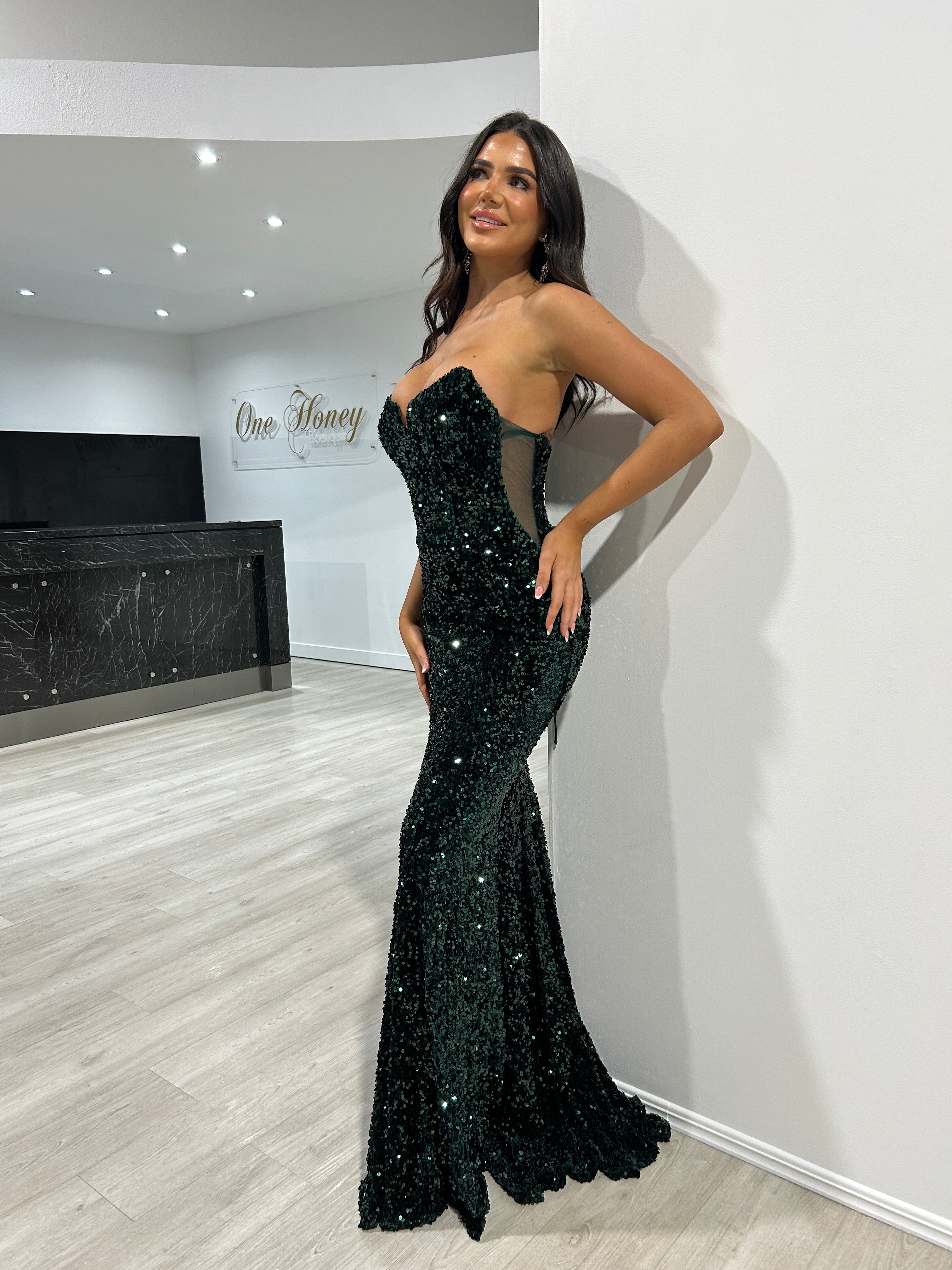 CAMPBELL Sequin Strapless Mermaid Evening Gown with Sweetheart Neckline, featuring Sheer Illusion Sides. Brisbane to Gold Coast.