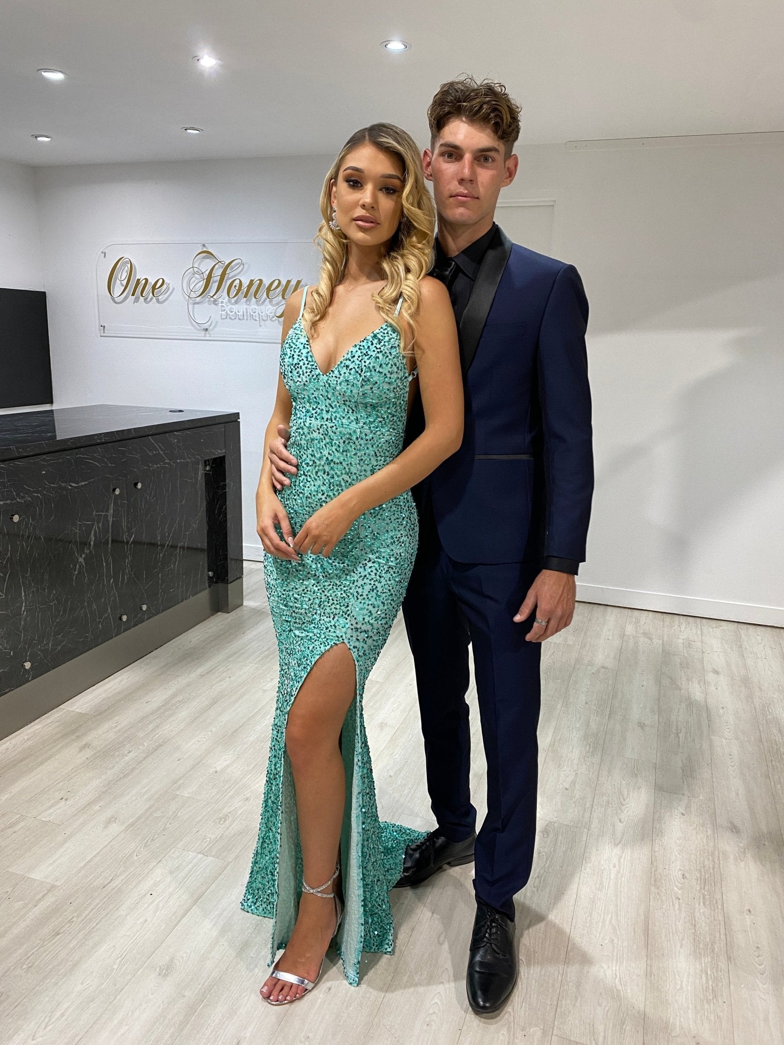 Honey Couture KAYTUM Low Back Sequin Mermaid Evening Gown Dress in Australia | One Honey Boutique